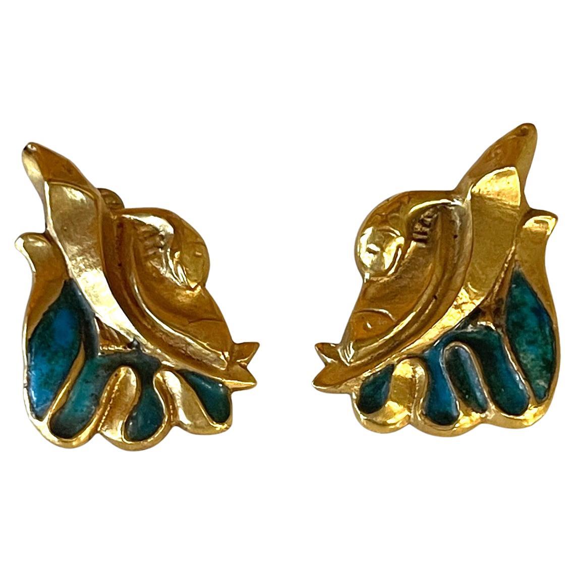 Pair of Bronze and Enamel Earrings Line Vautrin For Sale