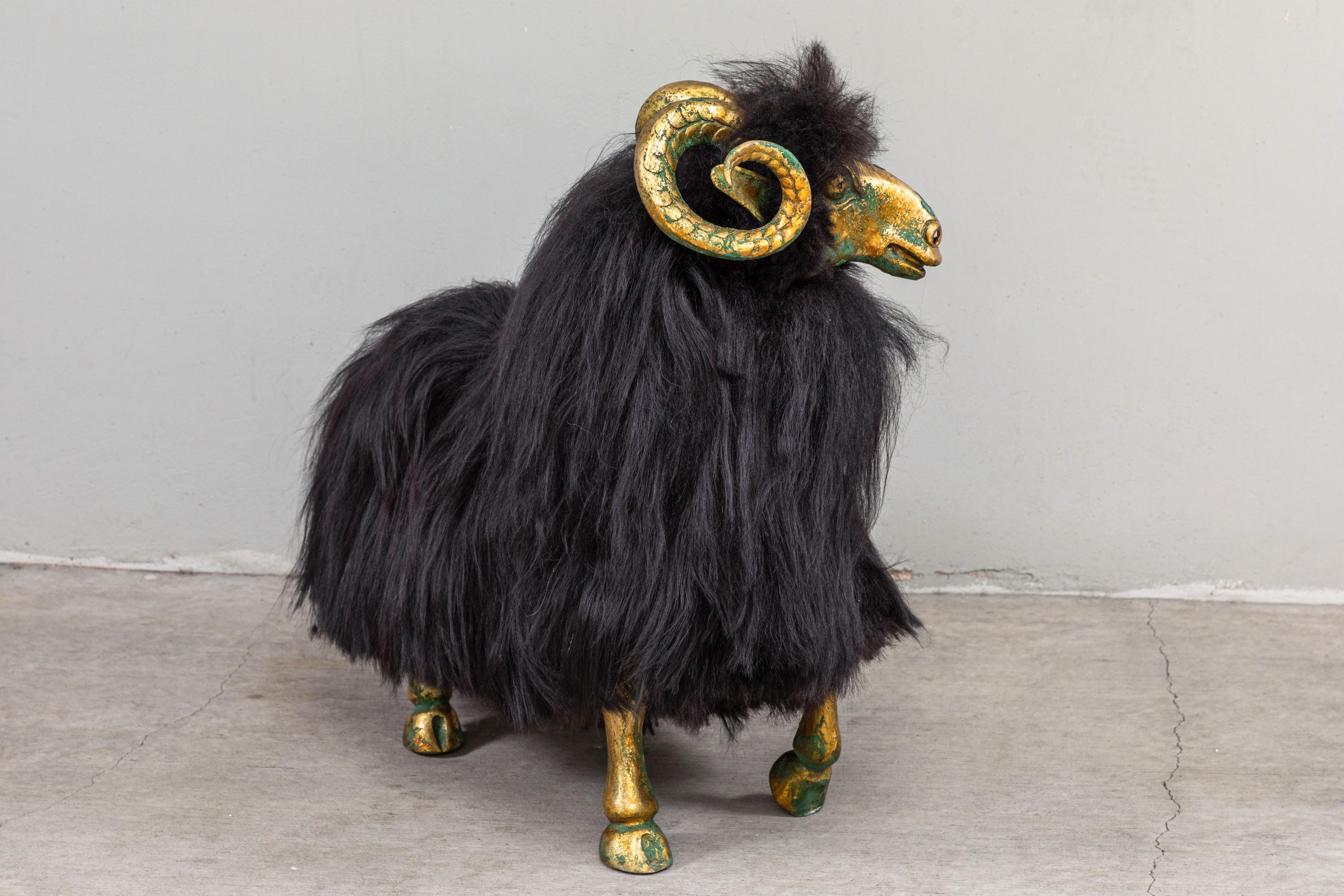 French Pair of Bronze and Fur Sheep Sculptures