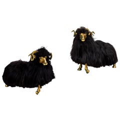 Pair of Bronze and Fur Sheep Sculptures