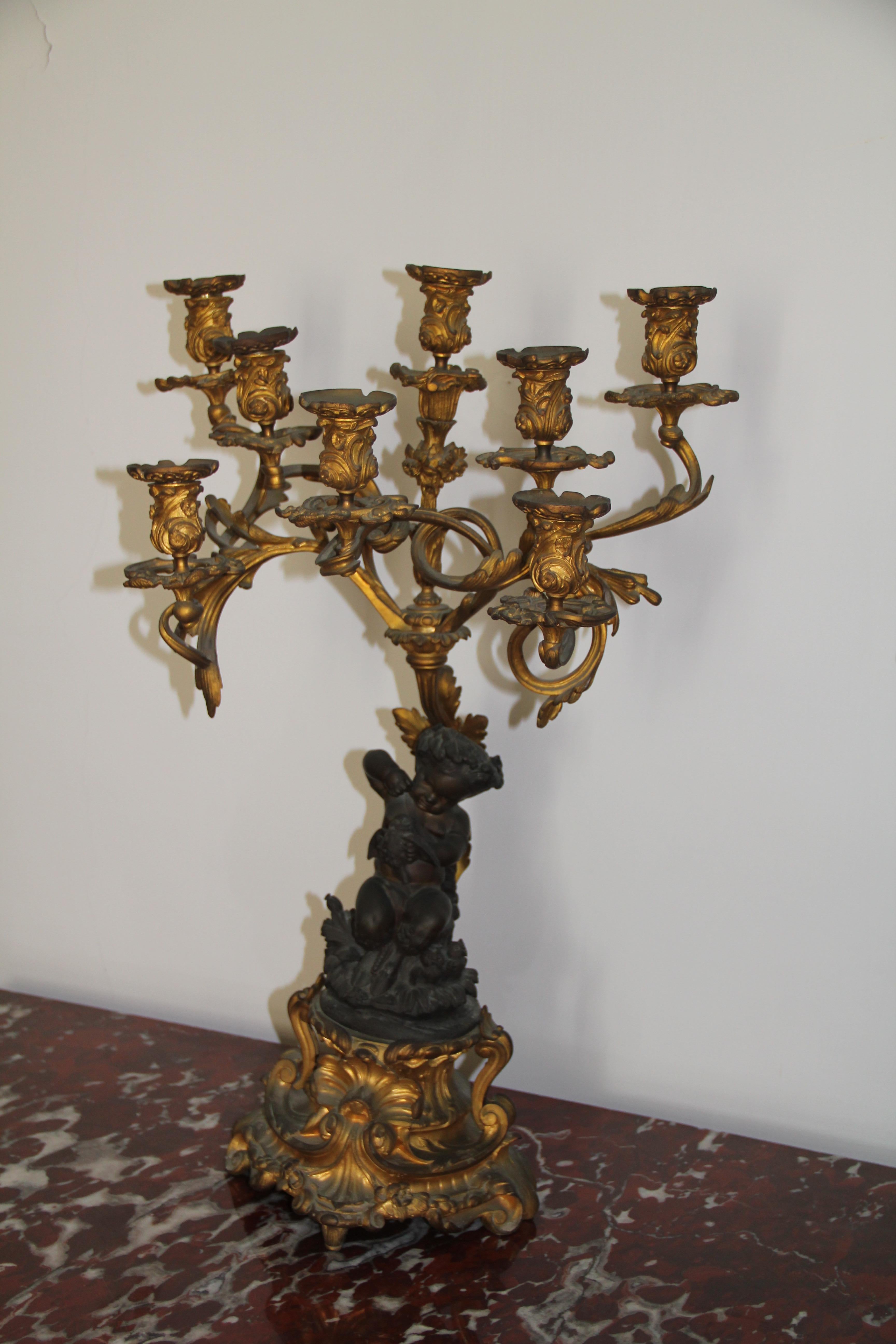 Pair of Bronze and Gilt-Bronze Candelabra Louis XV Style, Mid-19th Century For Sale 8
