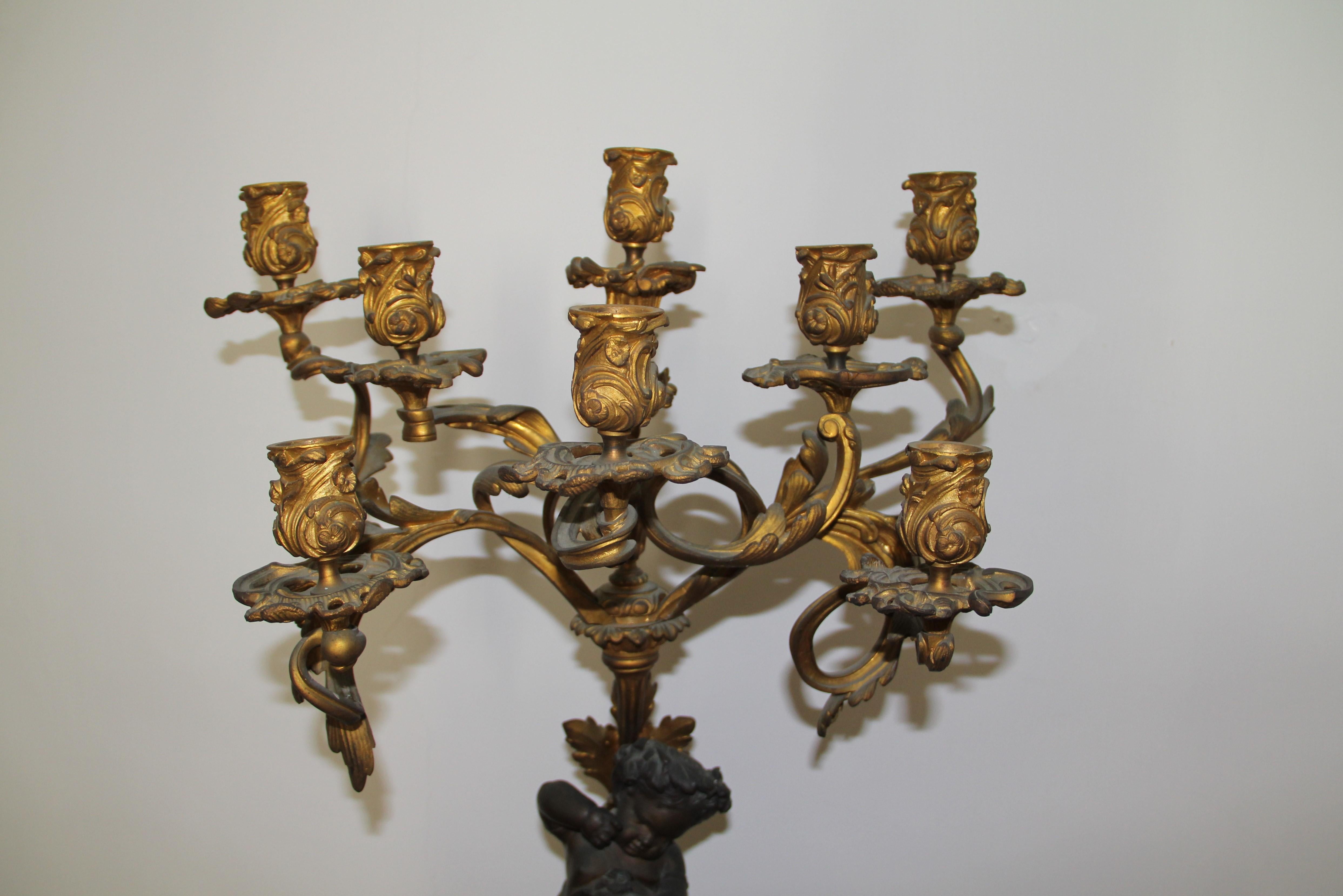 Pair of Bronze and Gilt-Bronze Candelabra Louis XV Style, Mid-19th Century For Sale 14