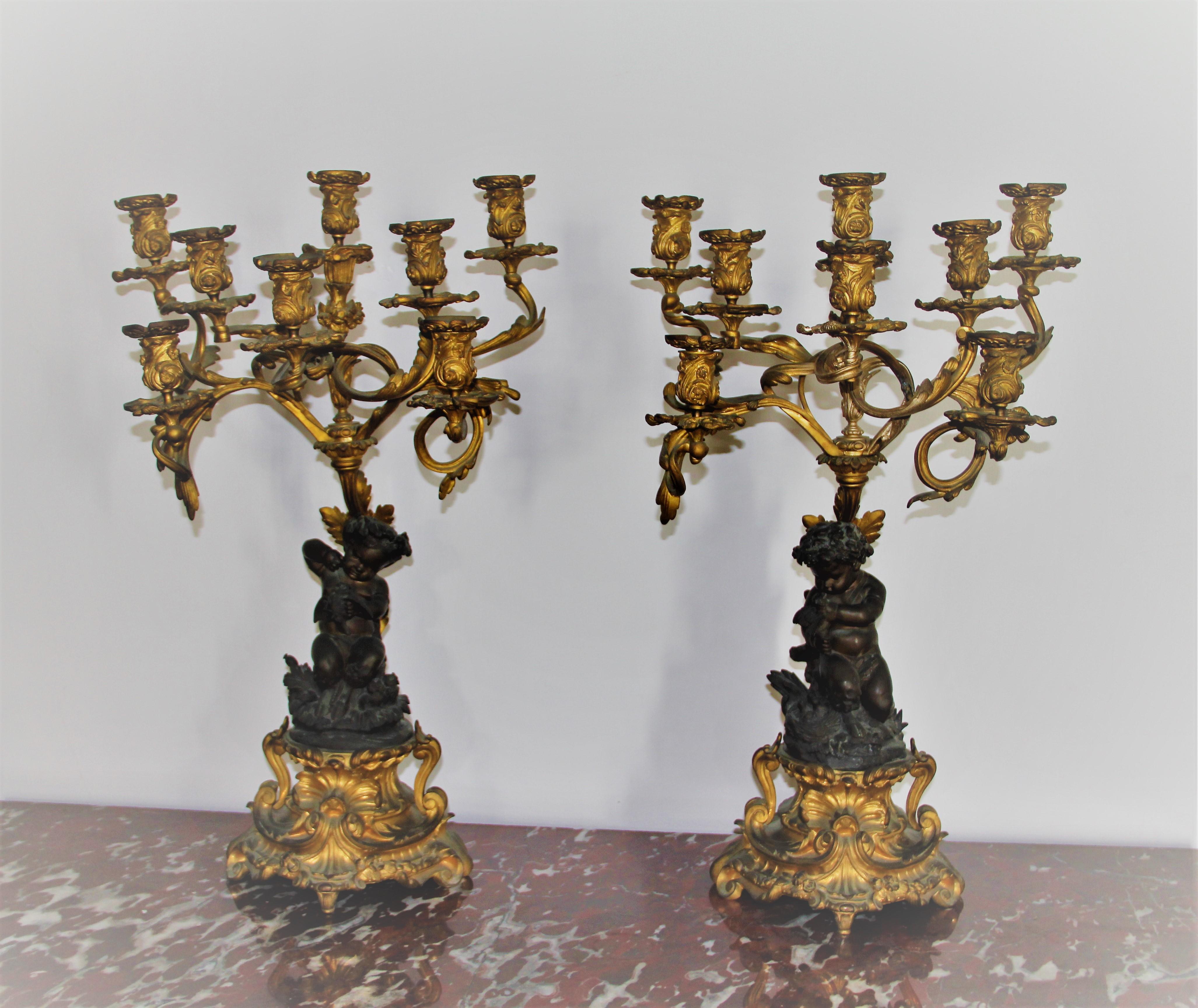 Pair of Bronze and Gilt-Bronze Candelabra Louis XV Style, Mid-19th Century For Sale 15