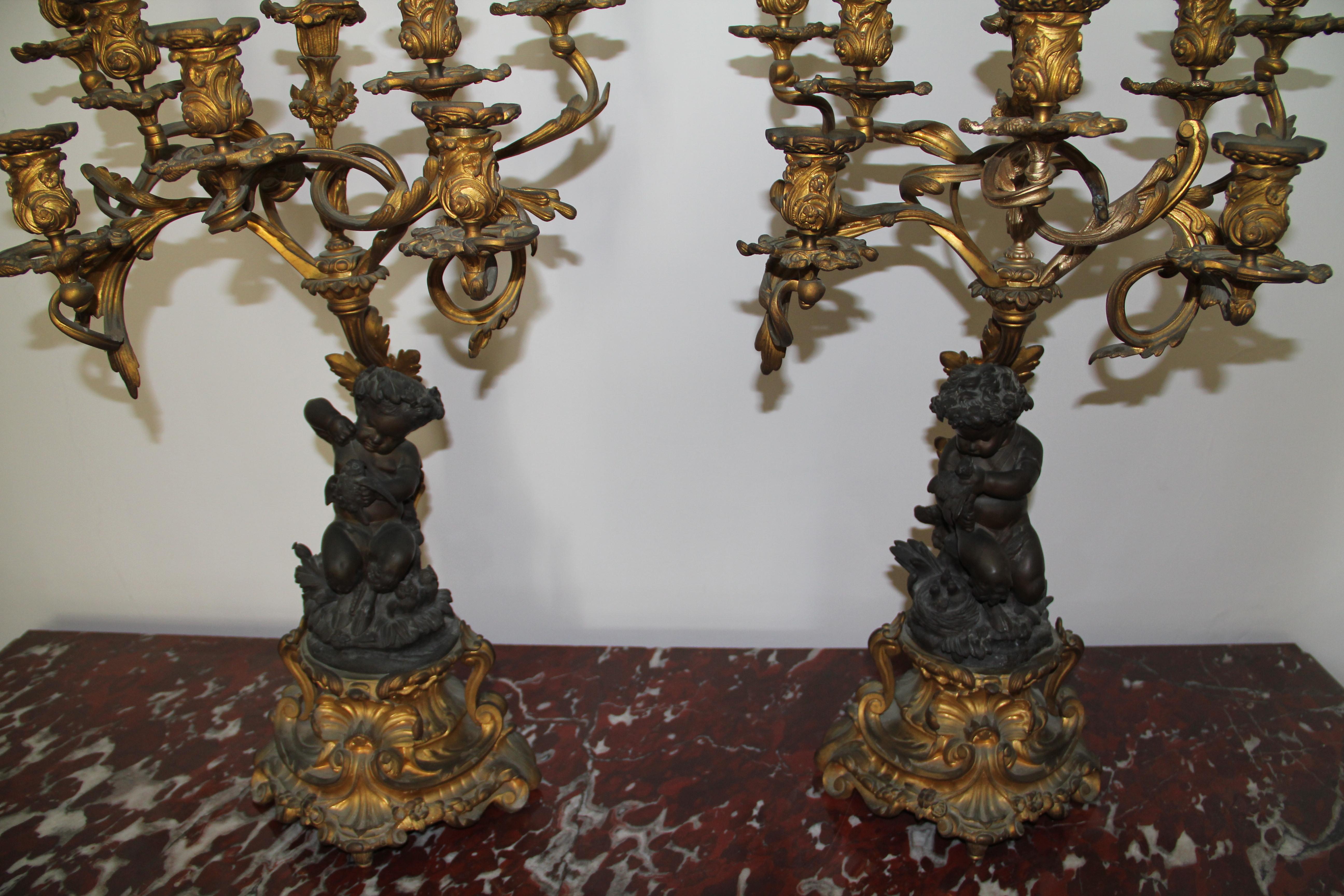 French Pair of Bronze and Gilt-Bronze Candelabra Louis XV Style, Mid-19th Century For Sale