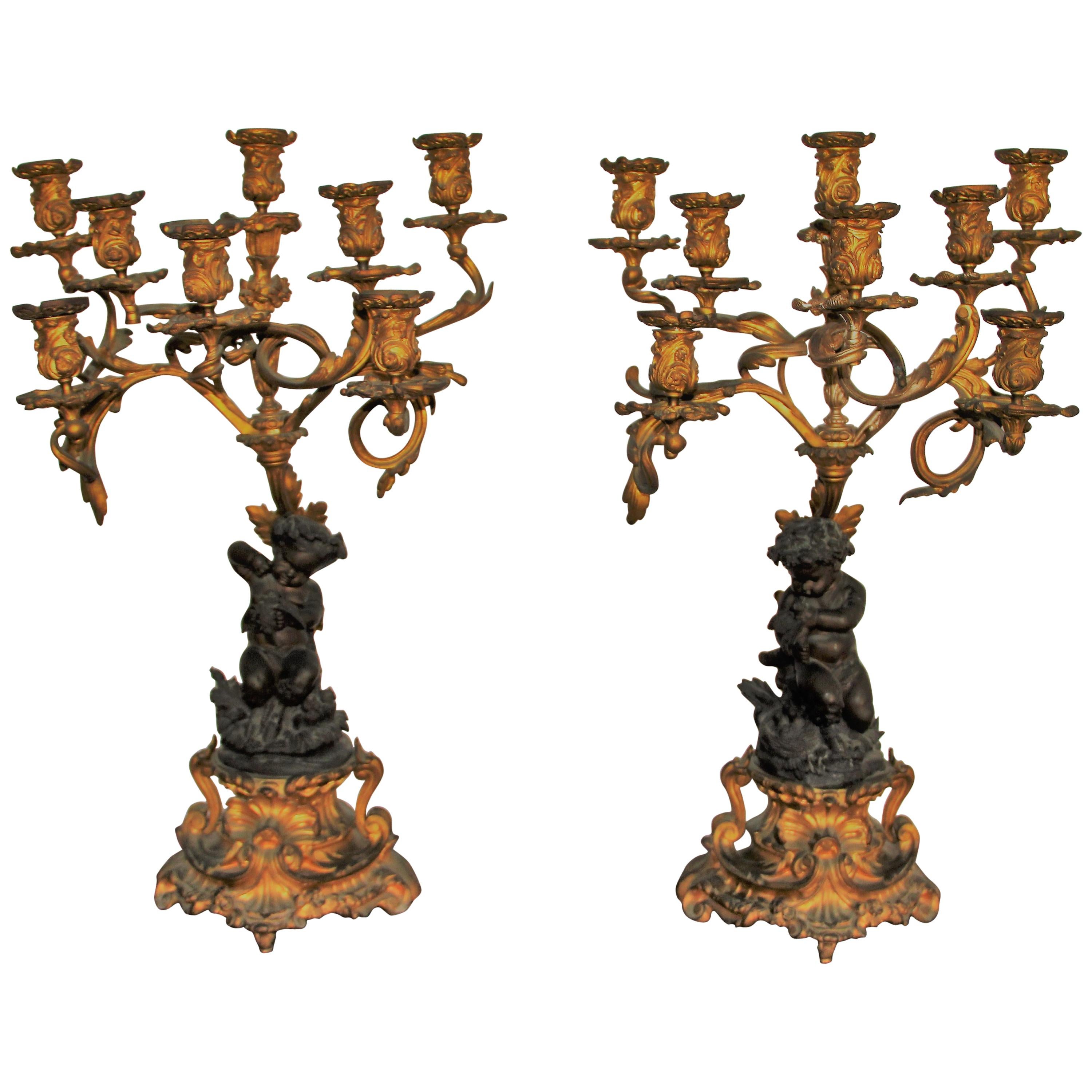 Pair of Bronze and Gilt-Bronze Candelabra Louis XV Style, Mid-19th Century For Sale