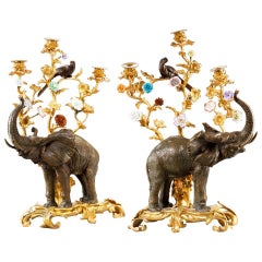Antique Pair of Bronze and Gilt Bronze Elephant Candelabra