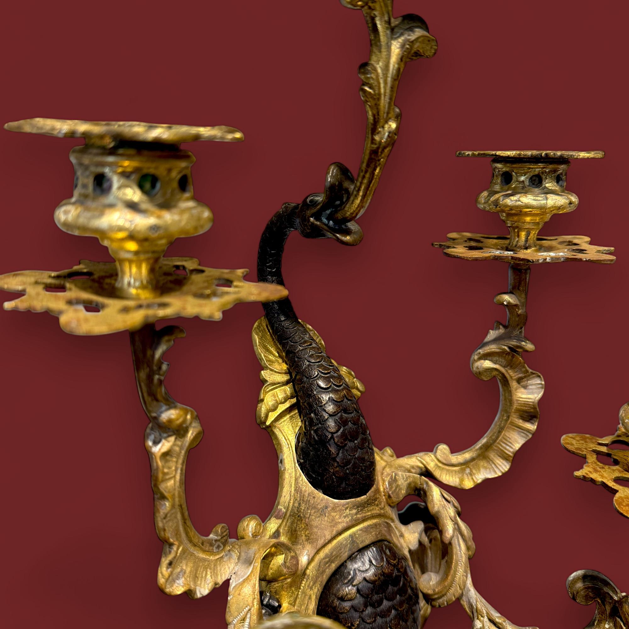 Pareja de candelabros de bronce y dorado, Francia, S. XIX Bronce en venta