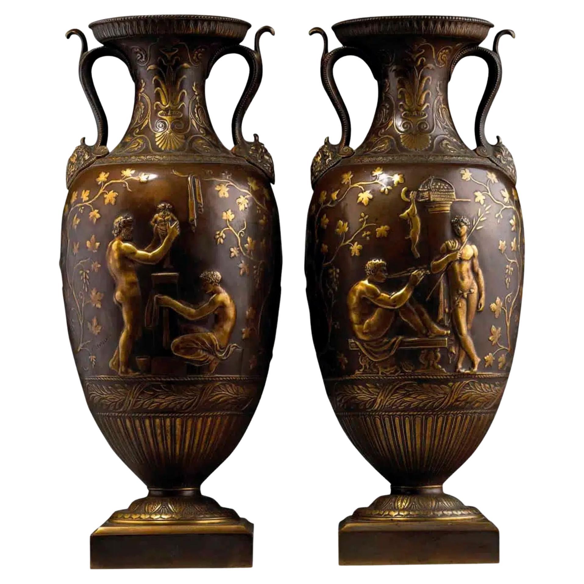 Pair of Bronze and Gilt Classical Vases by Barbedienne, 19th Century For Sale