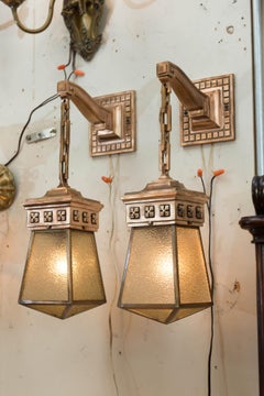 Pair of Bronze and Glass Arts & Crafts Sconces