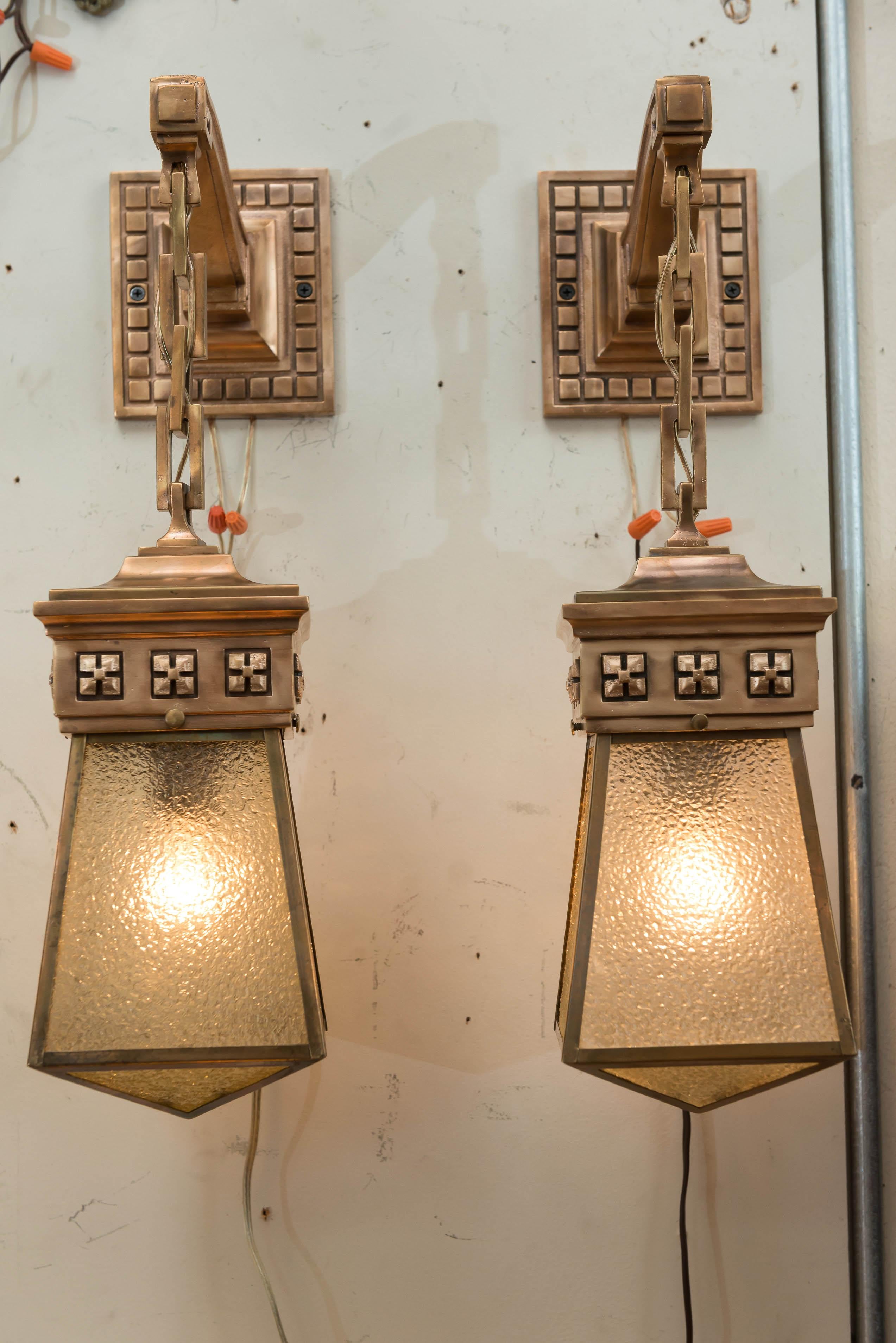 Hand-Crafted Pair of Bronze and Glass Arts & Crafts Sconces