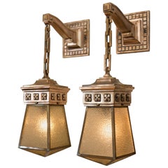 Pair of Bronze and Glass Arts & Crafts Sconces