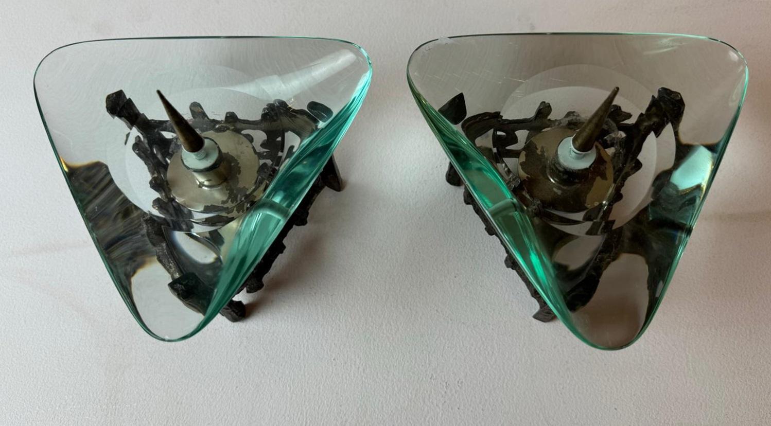 Mid-Century Modern Pair of Bronze and Glass Candlesticks in the Style of Fontana Arte For Sale