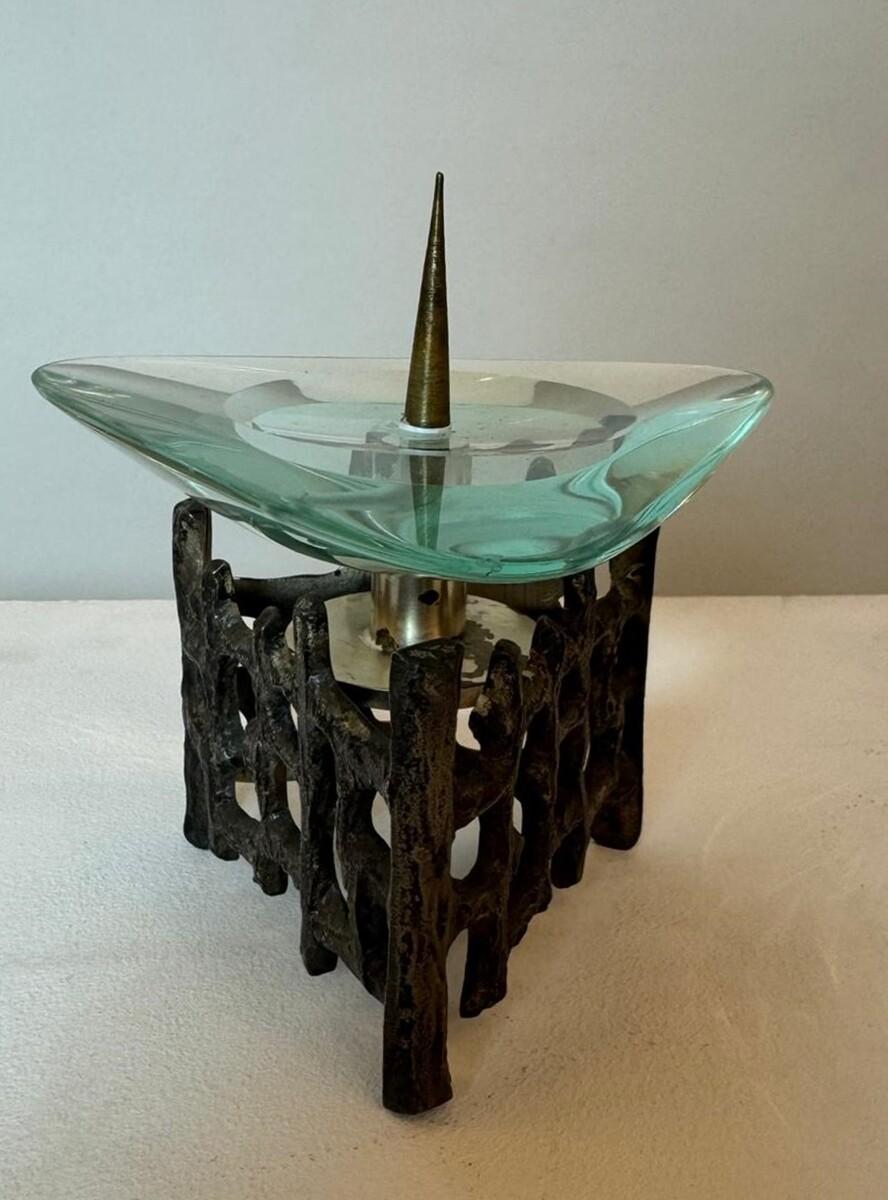 Italian Pair of Bronze and Glass Candlesticks in the Style of Fontana Arte For Sale