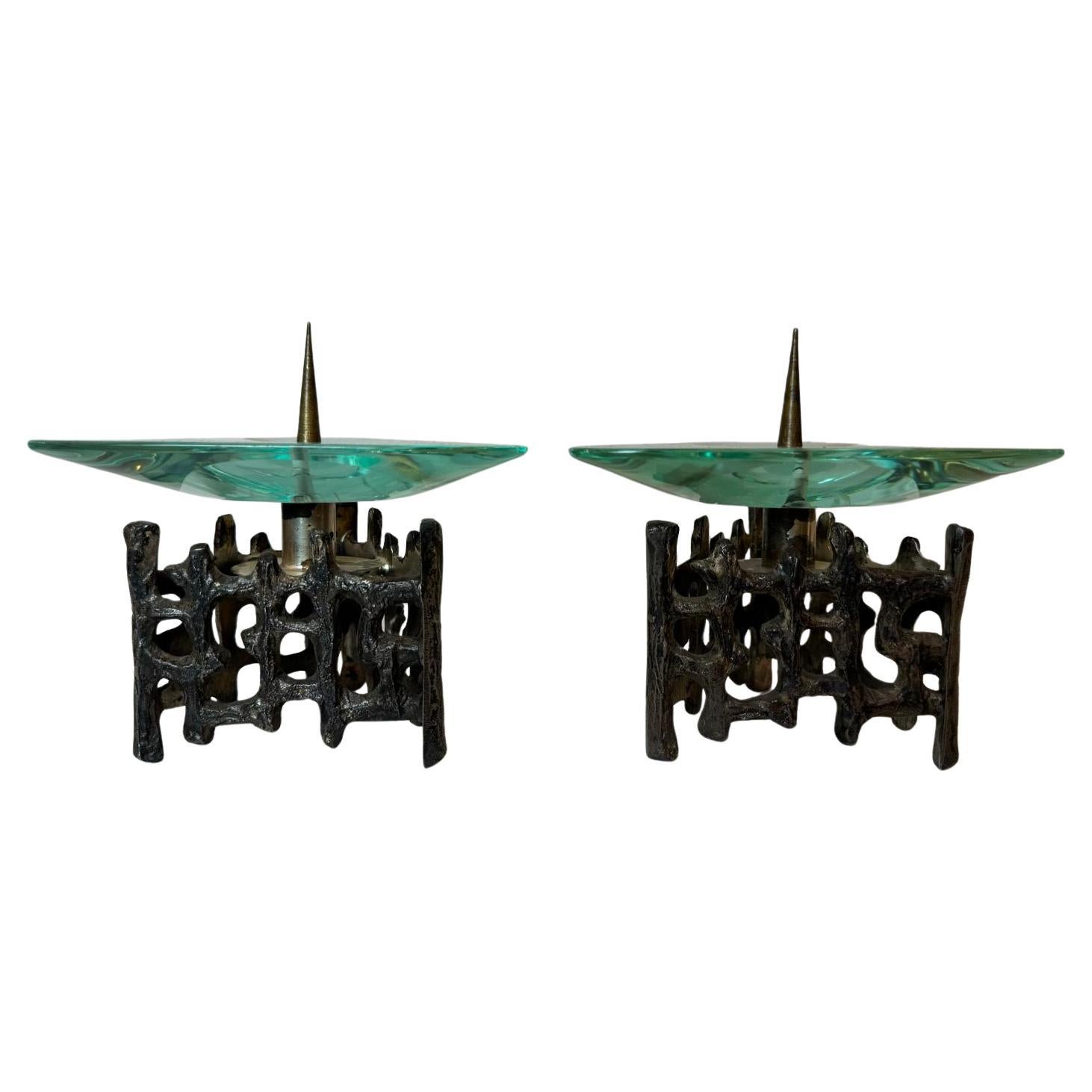 Pair of Bronze and Glass Candlesticks in the Style of Fontana Arte