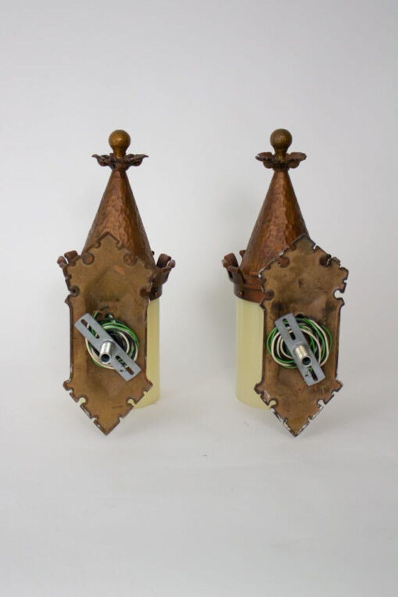 Large rennaissance revival bronze sconces for interior or protected exterior use. Copper Finish on sconce, original custard glass columnar shades.

Material: Metal
Style: Renaissance Revival, Traditional
Place of Origin: United States
Period