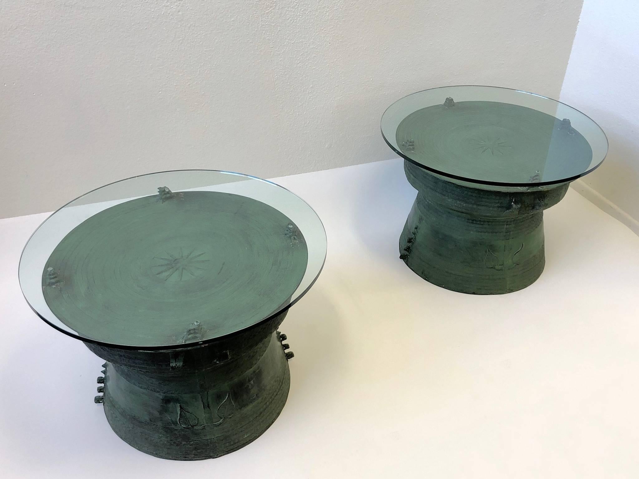 Pair of Bronze and Glass South Asian Rain Drum Tables 3