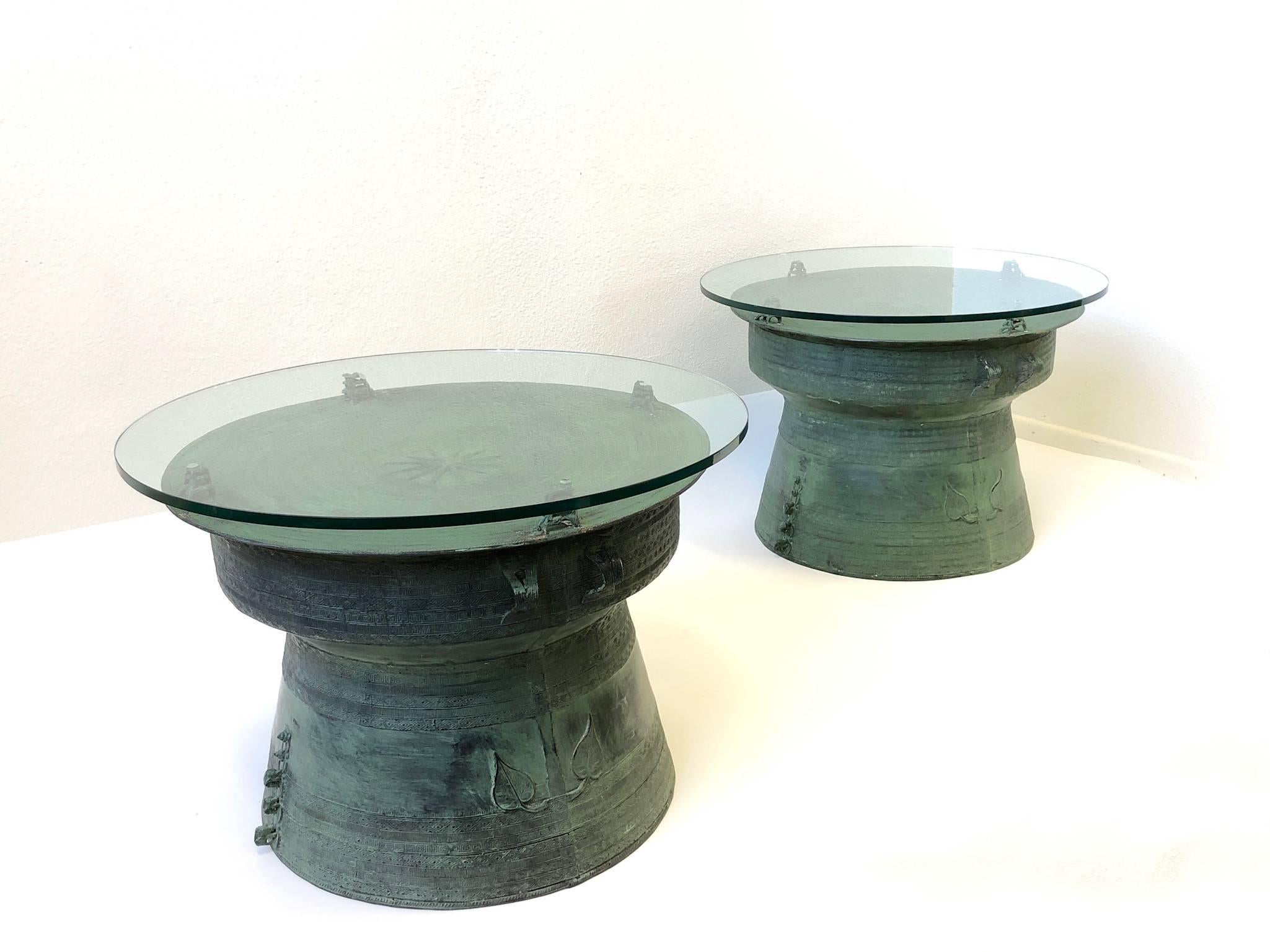 Pair of Bronze and Glass South Asian Rain Drum Tables 8