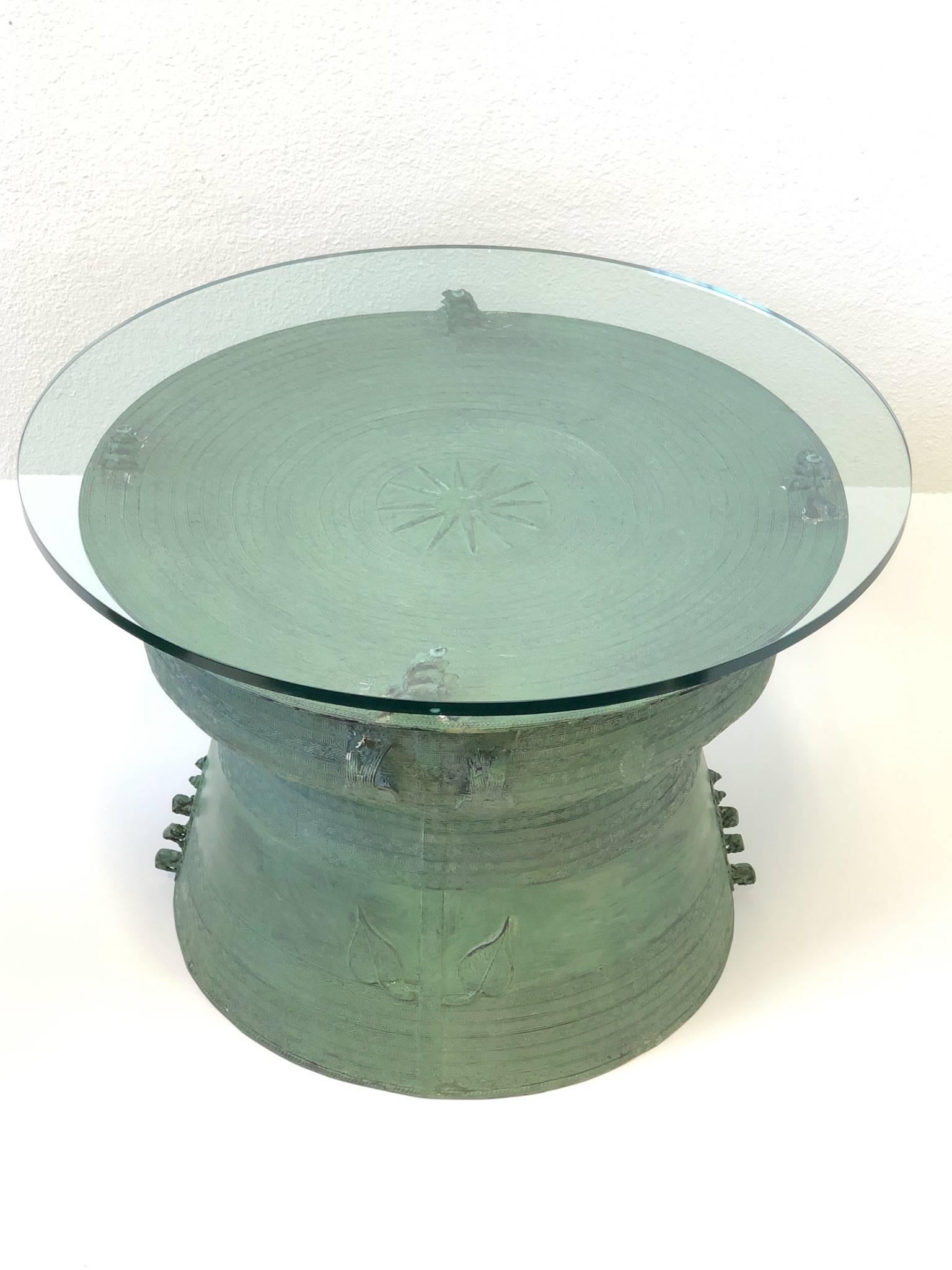 Thai Pair of Bronze and Glass South Asian Rain Drum Tables