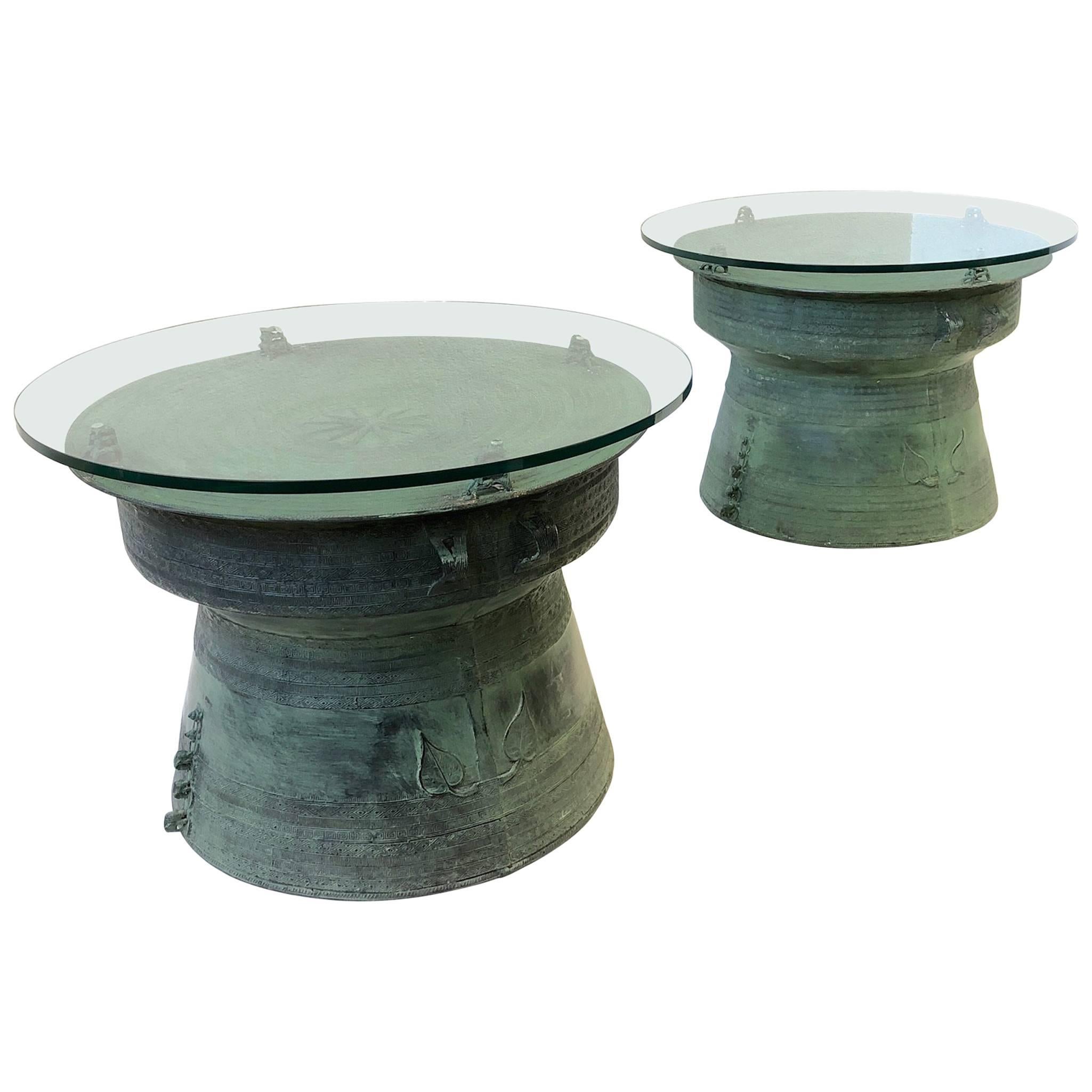 Pair of Bronze and Glass South Asian Rain Drum Tables