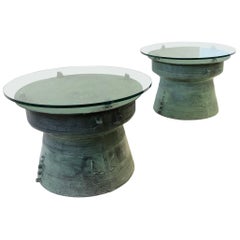 Pair of Bronze and Glass South Asian Rain Drum Tables