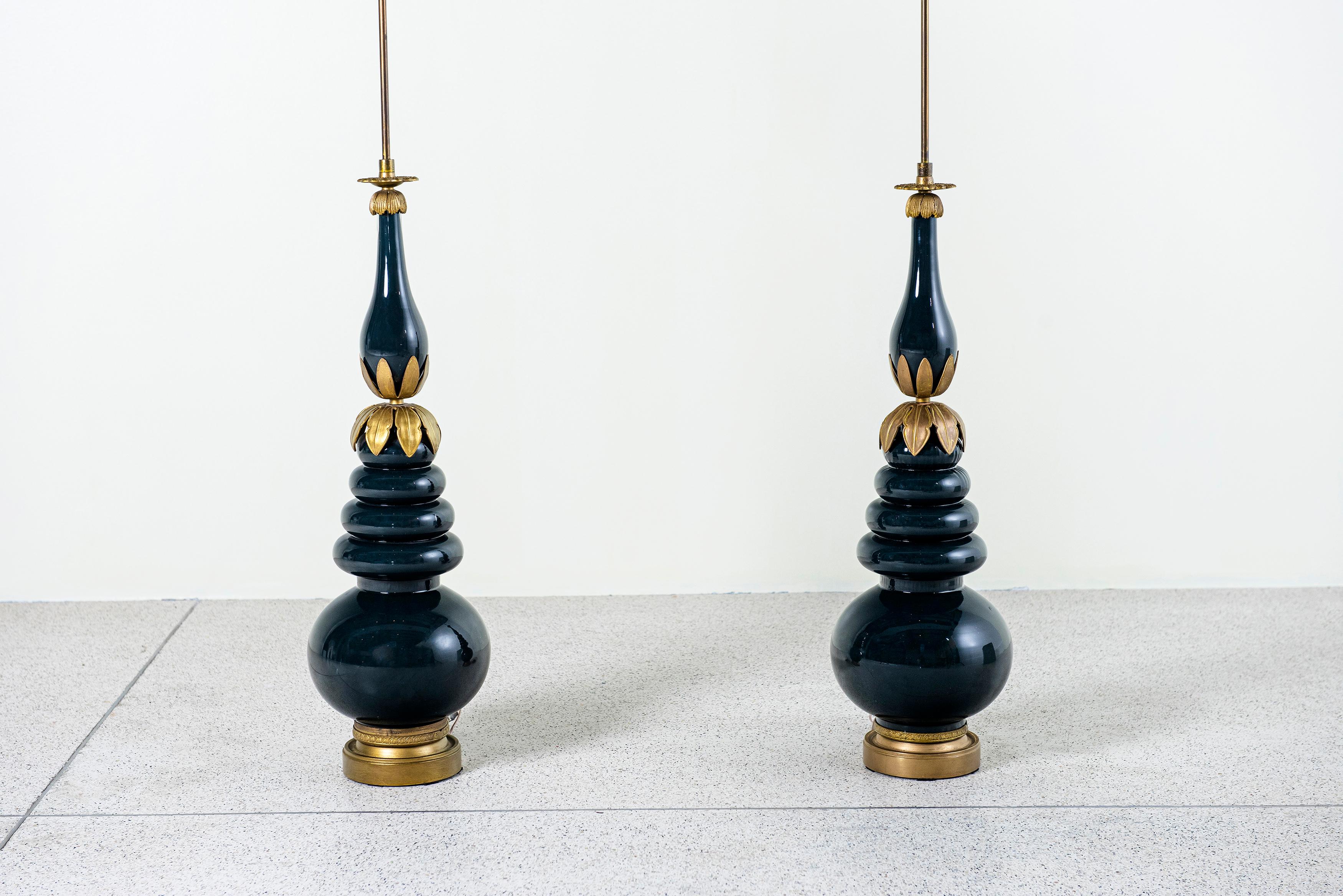 Pair of Bronze and Glass Table Lamps Attributed to Maison Jansen, France, circa 1940-1950.
         
