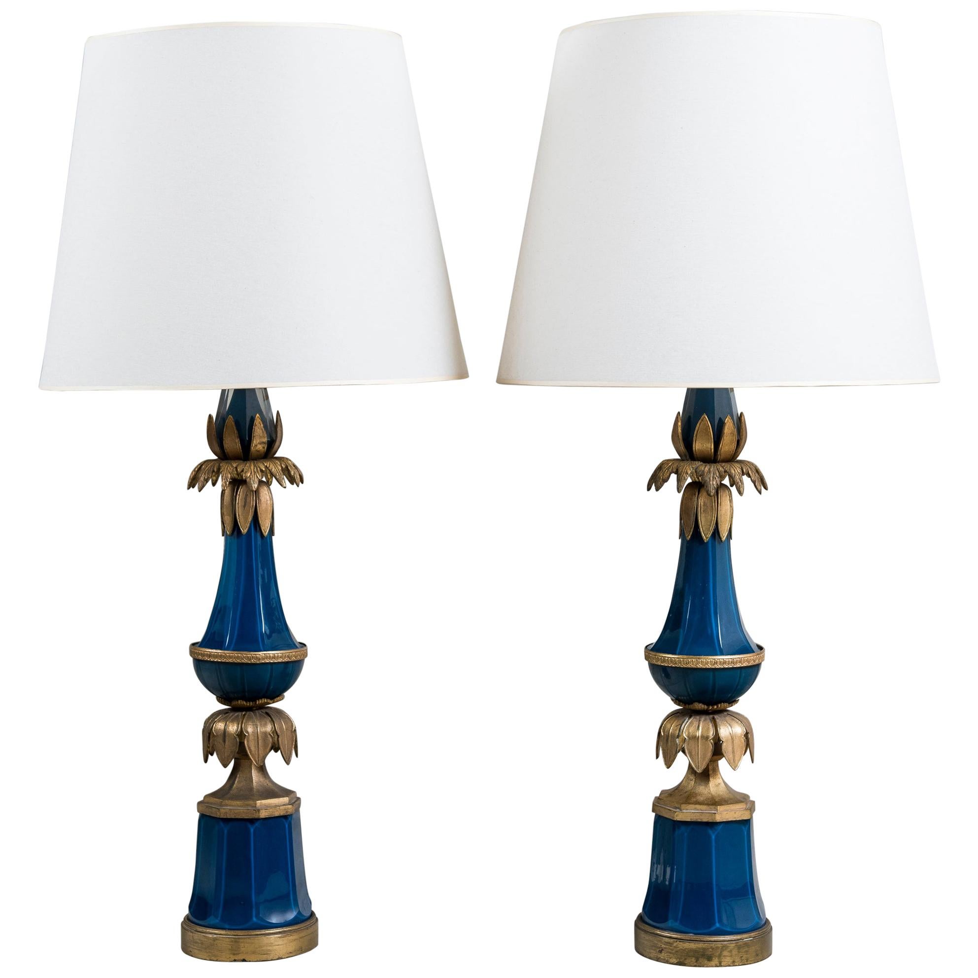 Pair of Bronze and Glass Table Lamps Maison Jansen, France, circa 1940-1950