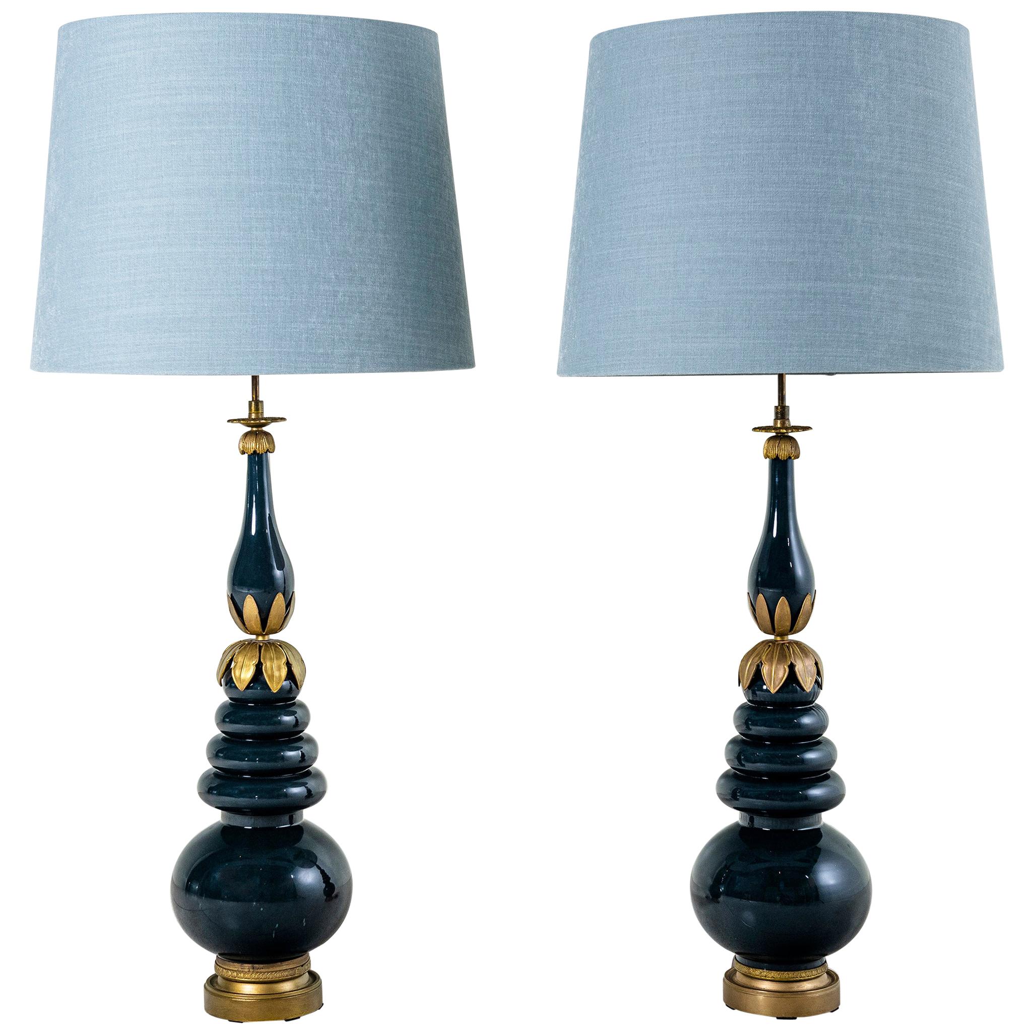 Pair of Bronze and Glass Table Lamps Attributed to Maison Jansen, France.