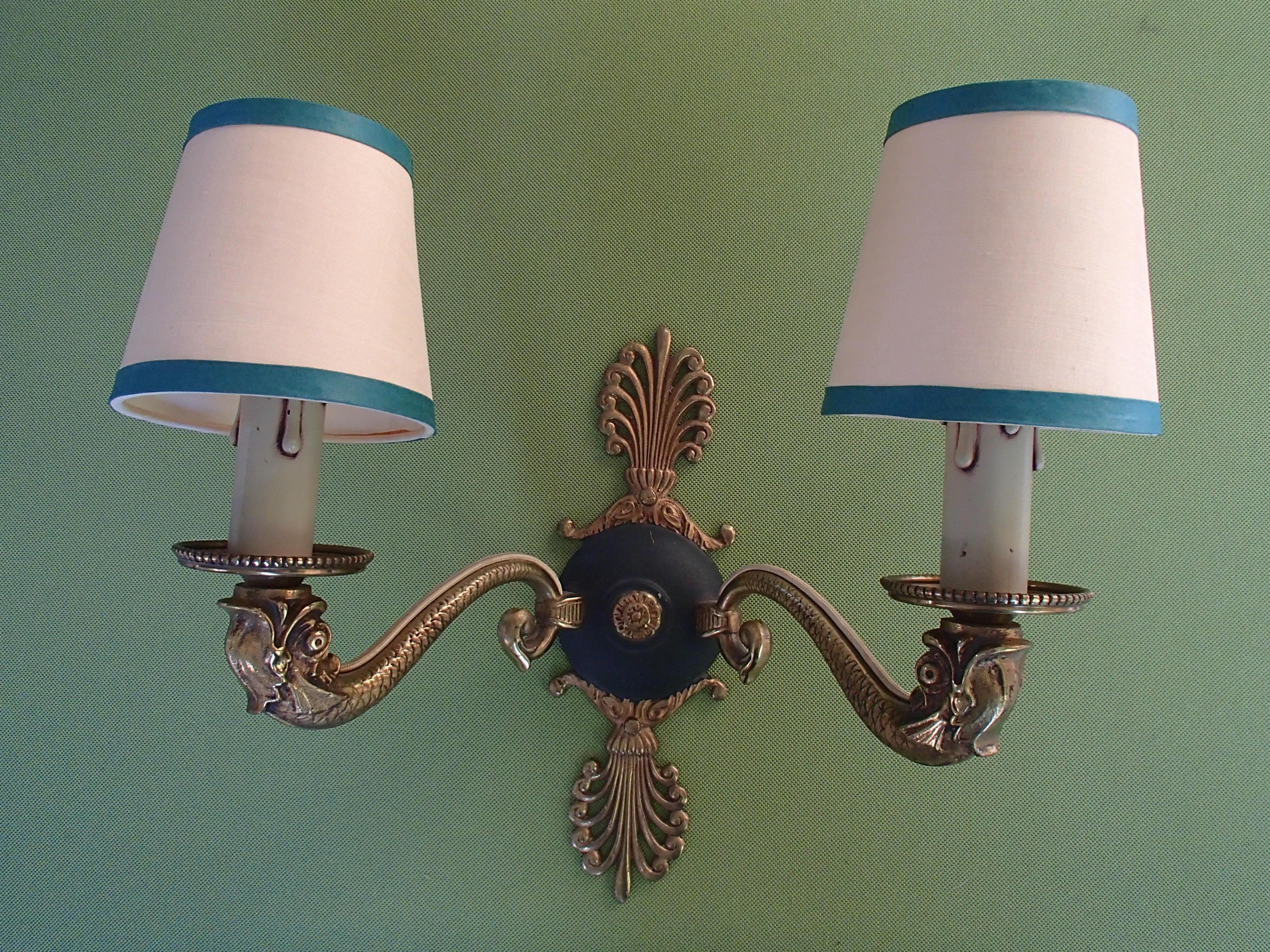 Pair of Bronze and Green Empire Wall Lights with Beige/Green Shades For Sale 7