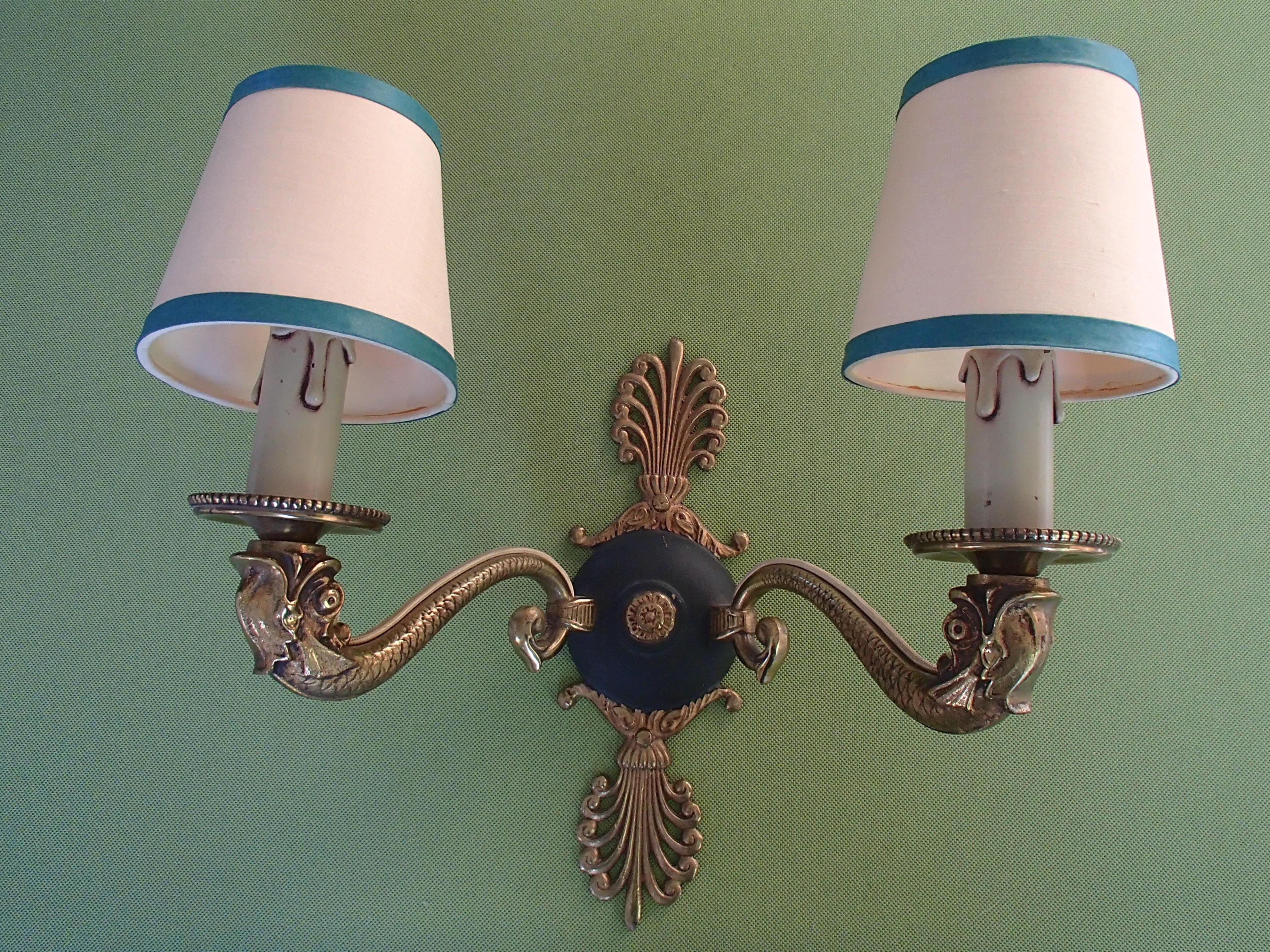 Pair of Bronze and Green Empire Wall Lights with Beige/Green Shades For Sale 8