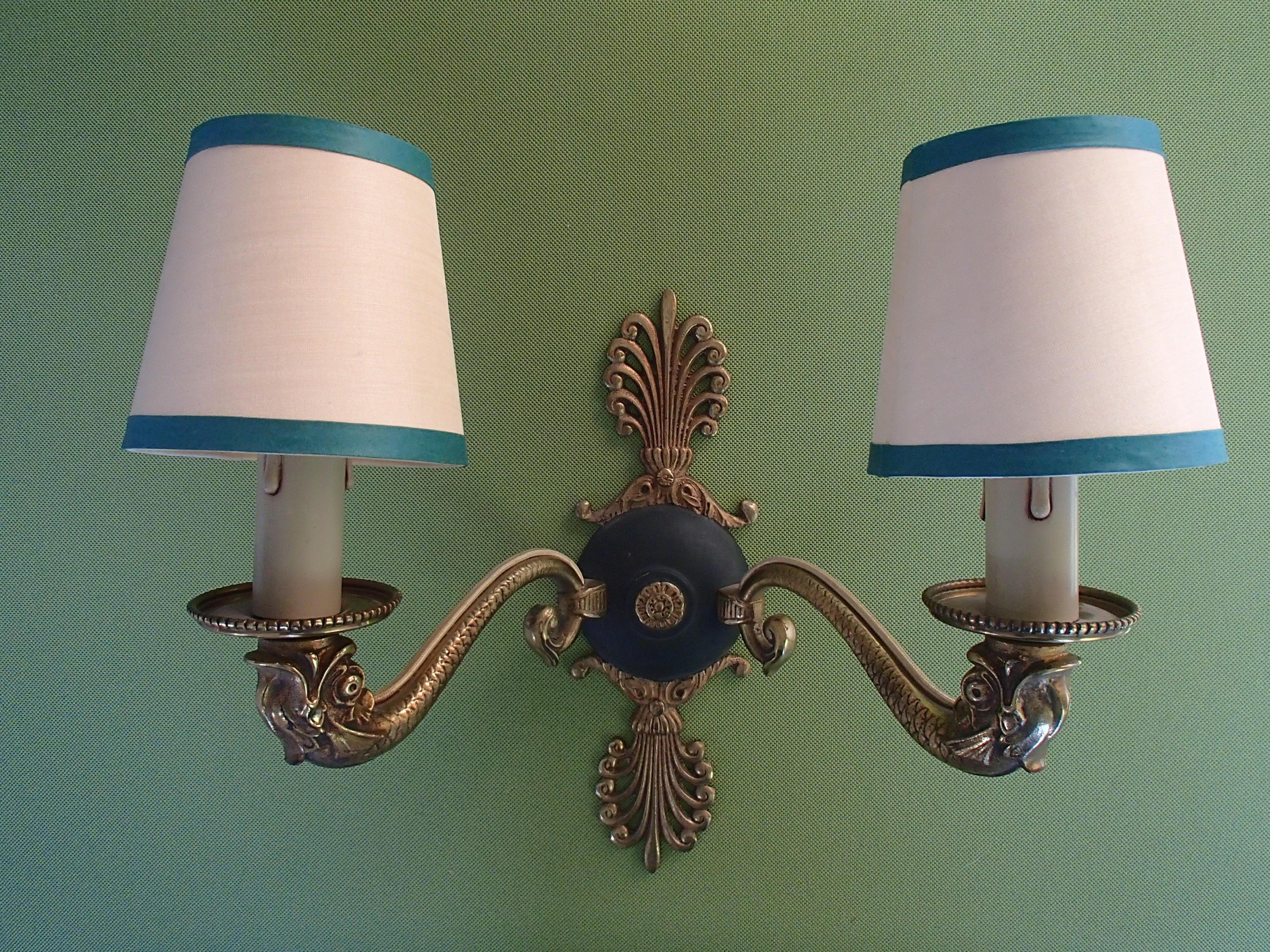 Pair of Bronze and Green Empire Wall Lights with Beige/Green Shades For Sale 9
