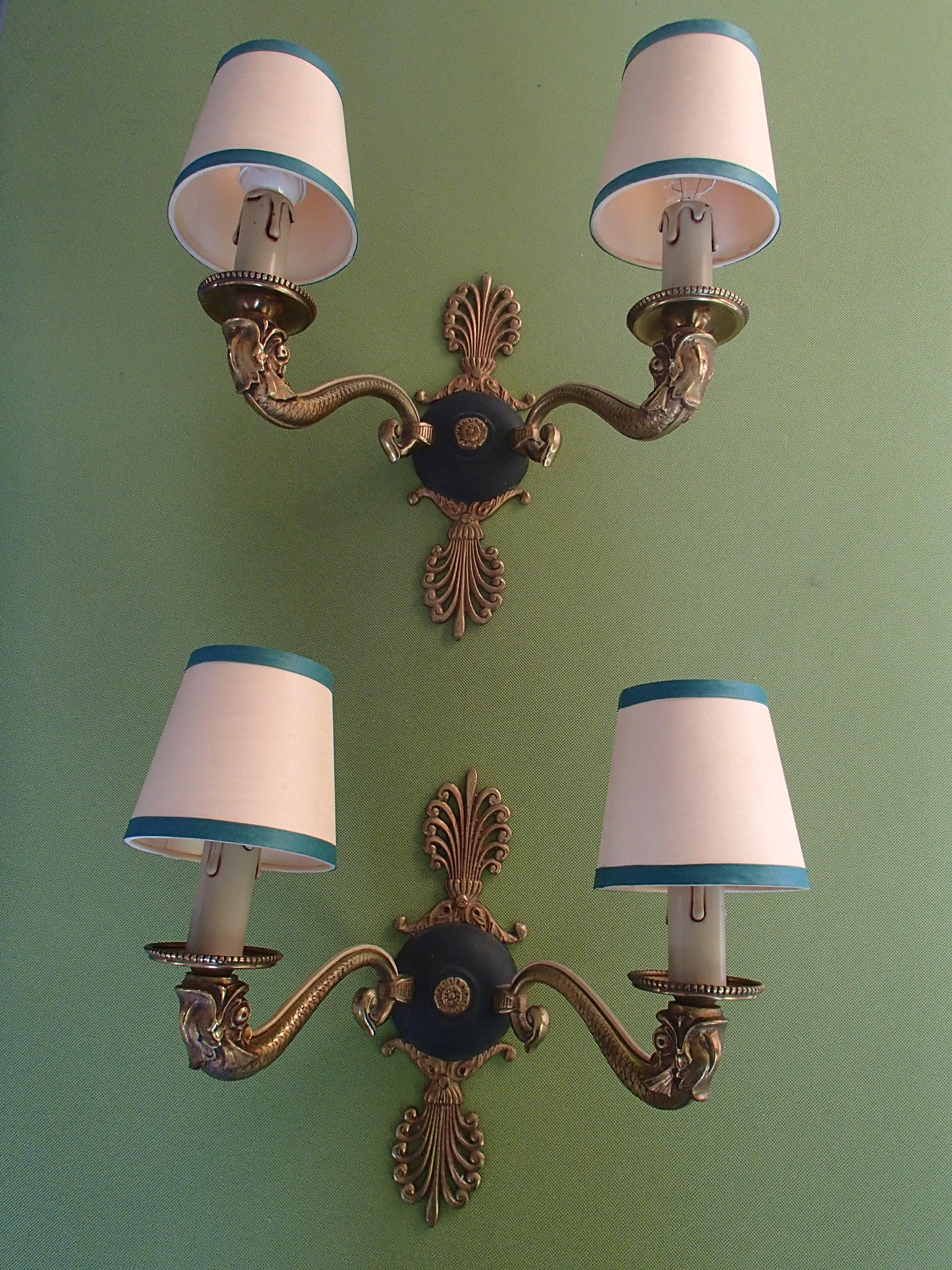 Pair of Bronze and Green Empire Wall Lights with Beige/Green Shades For Sale 10