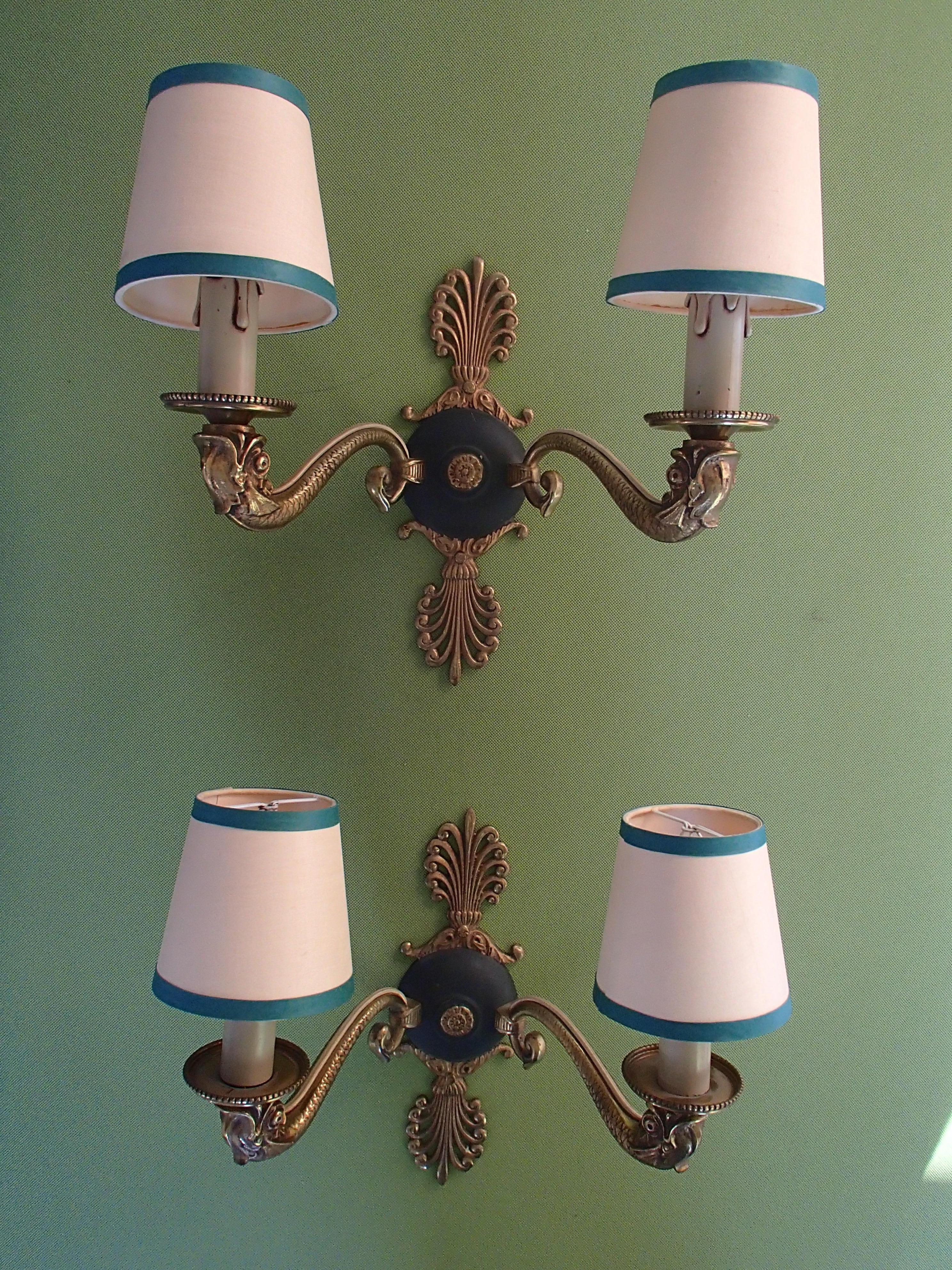 Pair of Bronze and Green Empire Wall Lights with Beige/Green Shades For Sale 11