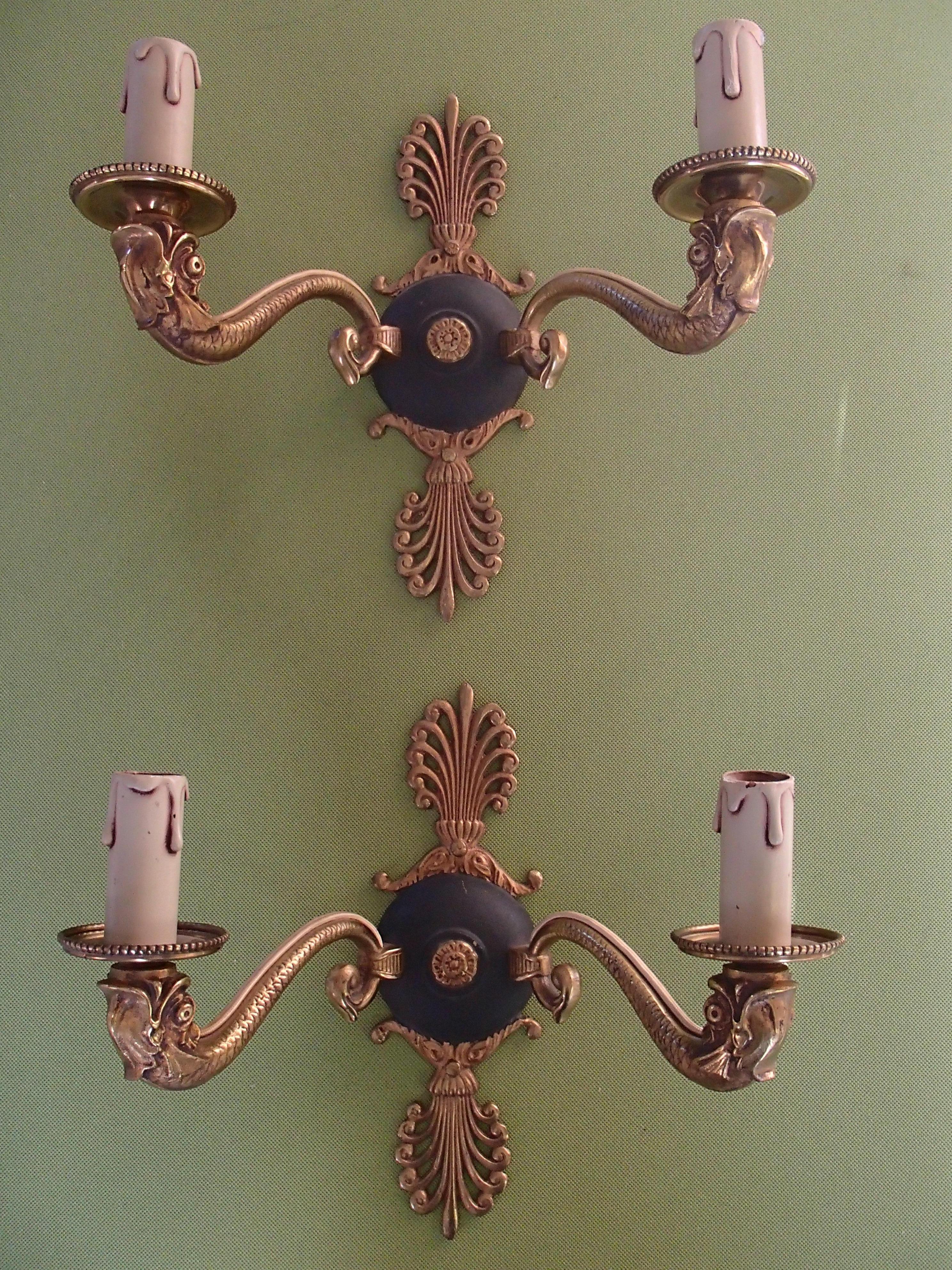 Pair of bronze and green Empire wall lights with beige/green shades.