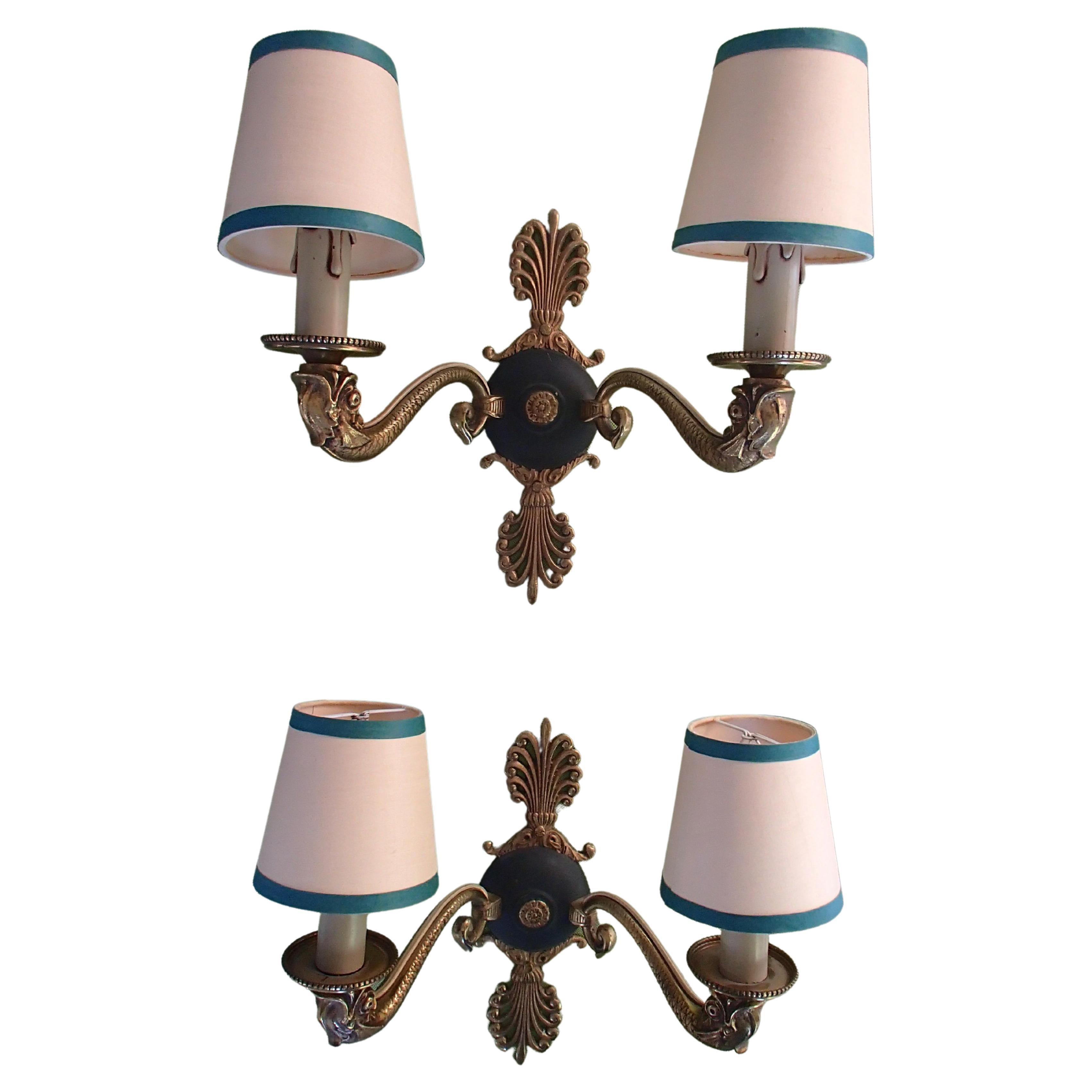 Pair of Bronze and Green Empire Wall Lights with Beige/Green Shades For Sale
