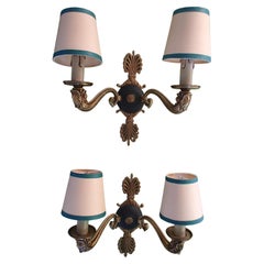 Pair of Bronze and Green Empire Wall Lights with Beige/Green Shades