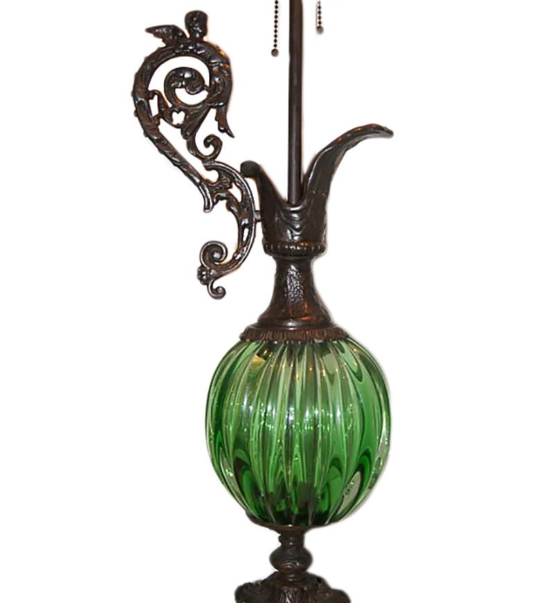 Italian Pair of Bronze and Green Glass Lamps For Sale