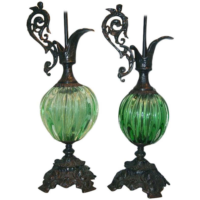 Pair of Bronze and Green Glass Lamps For Sale