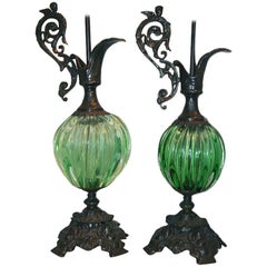 Antique Pair of Bronze and Green Glass Lamps