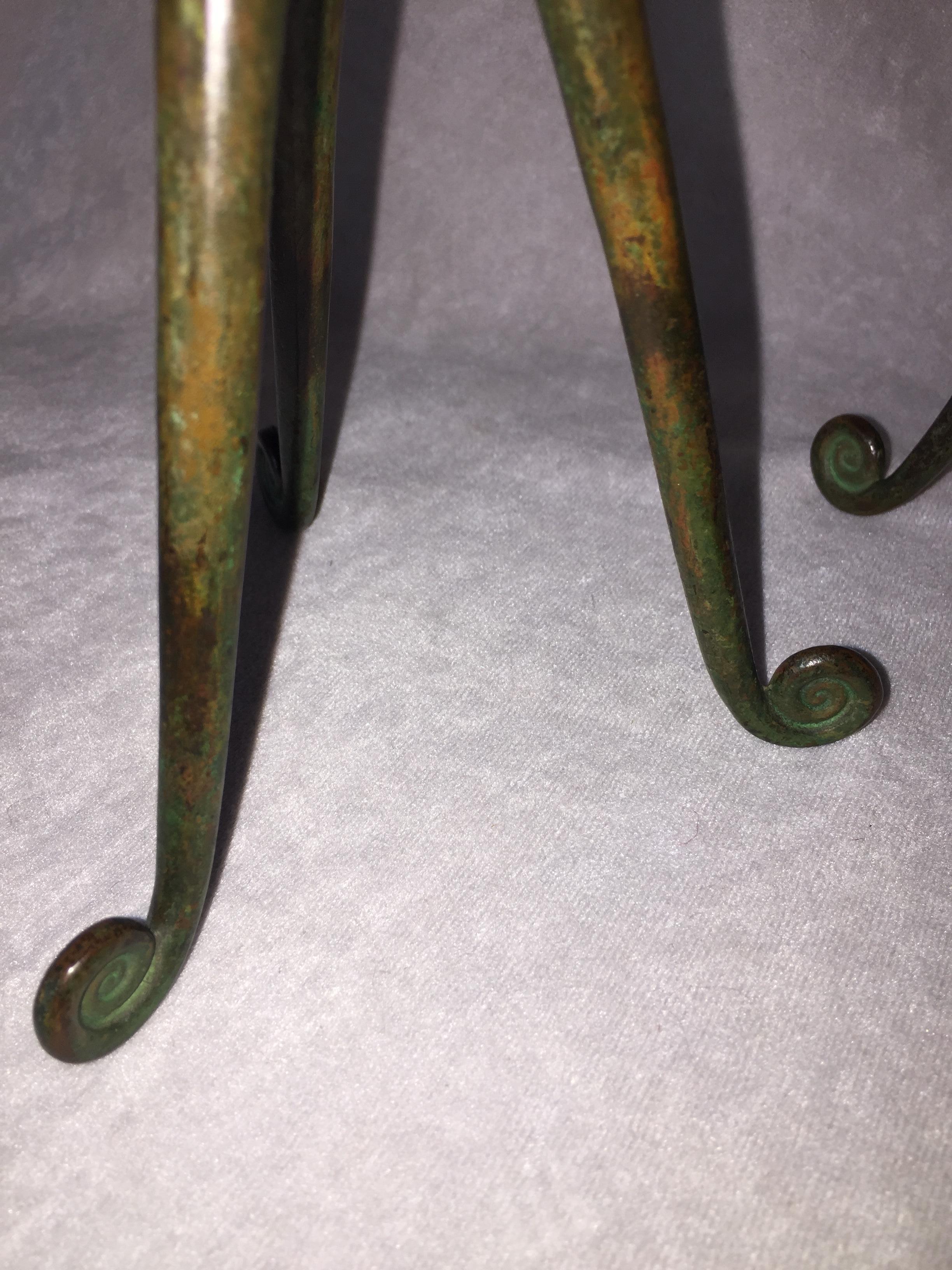 Arts and Crafts Pair of Bronze and Green Glass Tiffany Studios Candlesticks, circa 1905