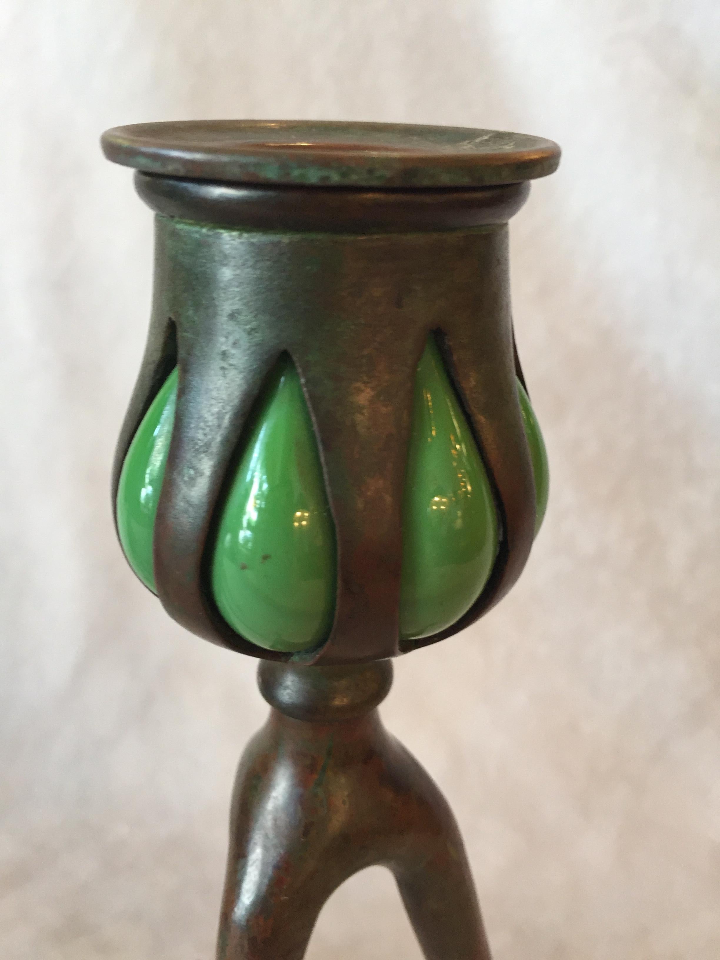 Hand-Crafted Pair of Bronze and Green Glass Tiffany Studios Candlesticks, circa 1905
