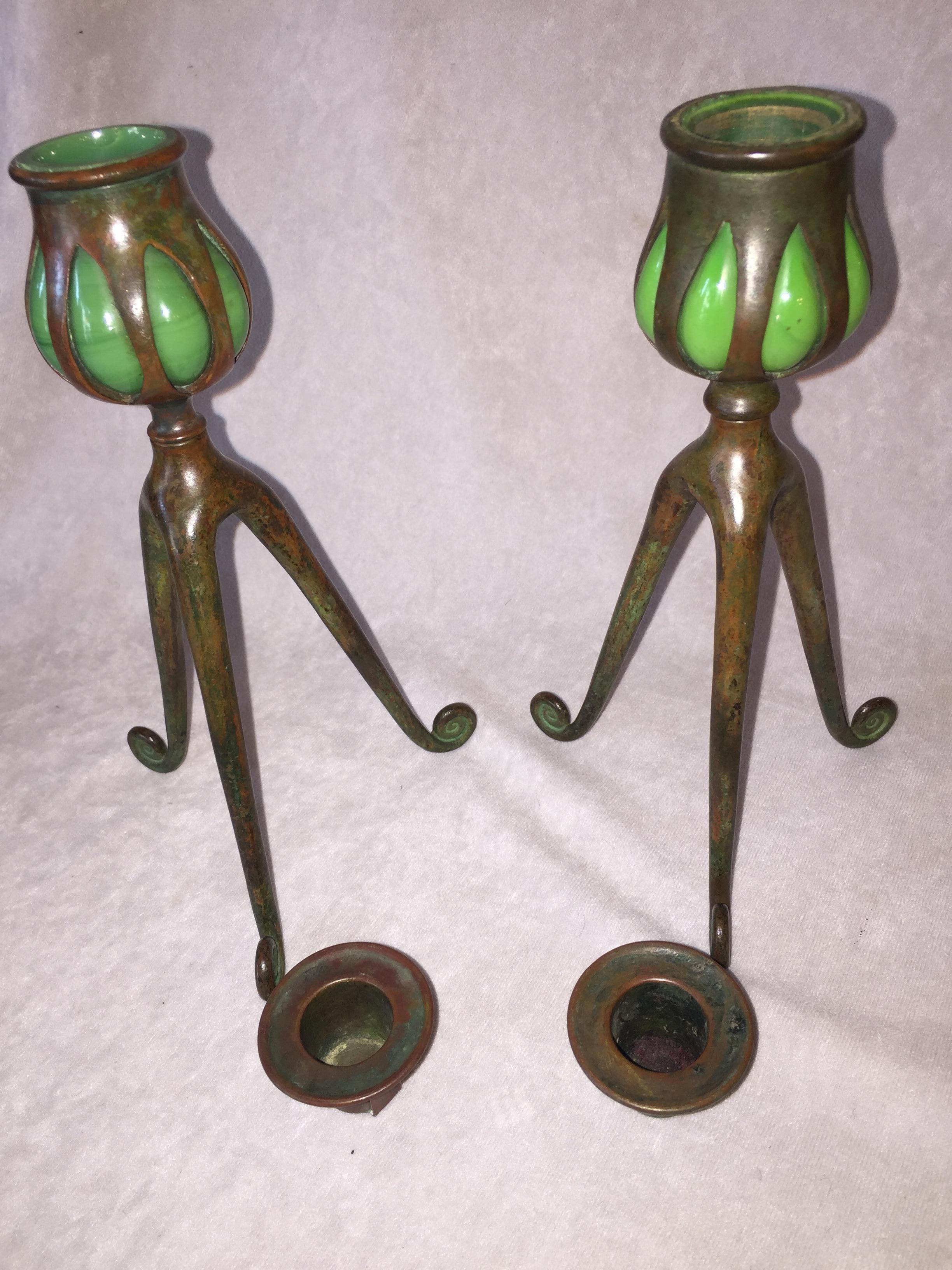 Early 20th Century Pair of Bronze and Green Glass Tiffany Studios Candlesticks, circa 1905