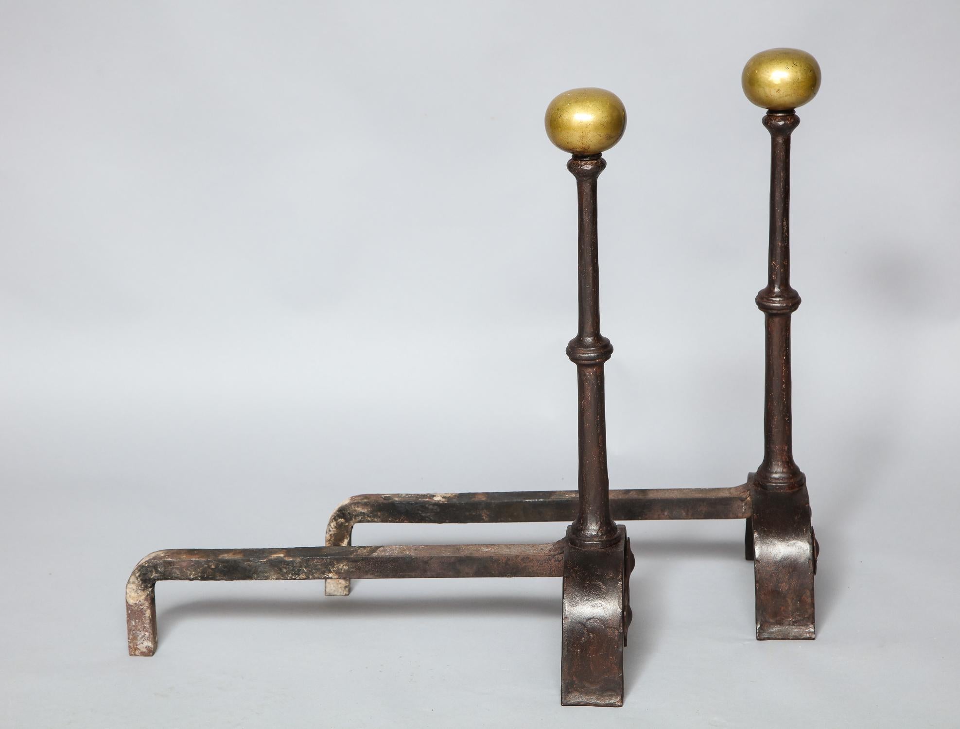 Baroque Pair of Bronze and Iron Andirons
