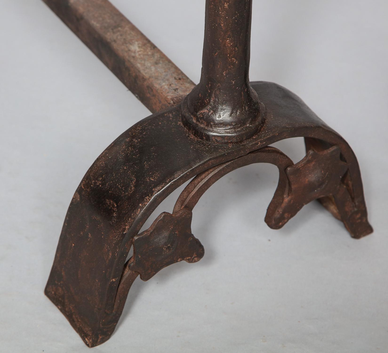 Wrought Iron Pair of Bronze and Iron Andirons