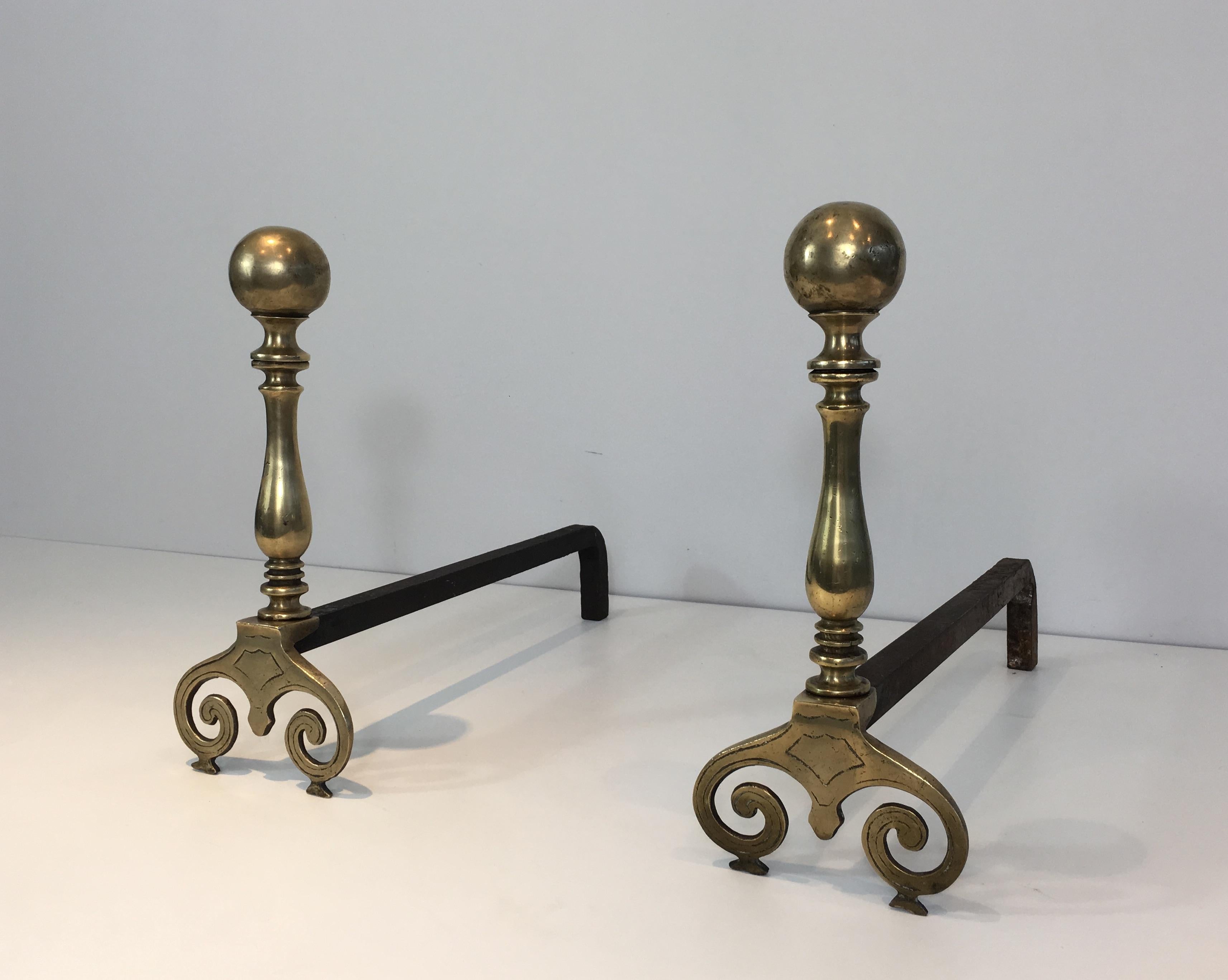 Louis XIV Pair of Bronze and Iron Andirons, French, 18th Century