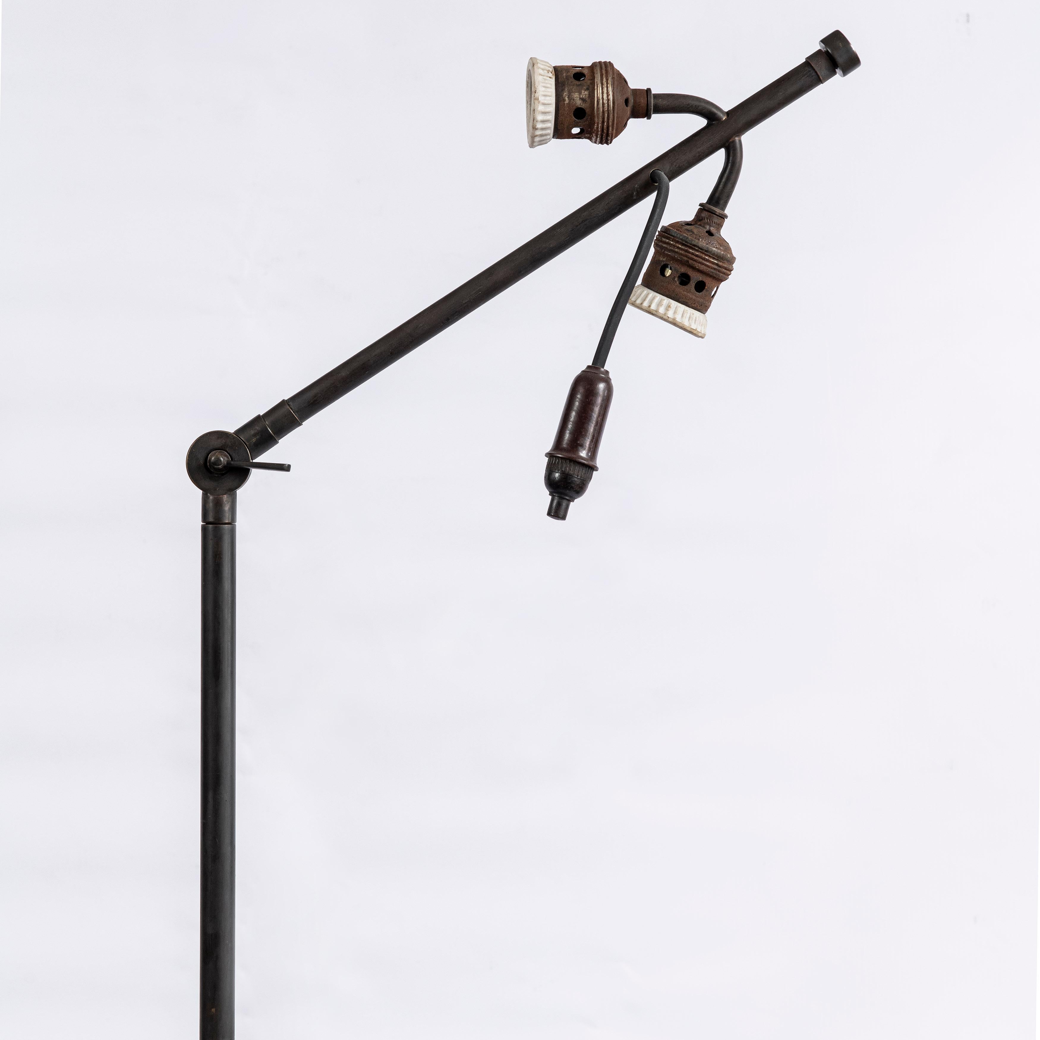Mid-20th Century Pair of Bronze and Leather Floor Lamps, France, circa 1940