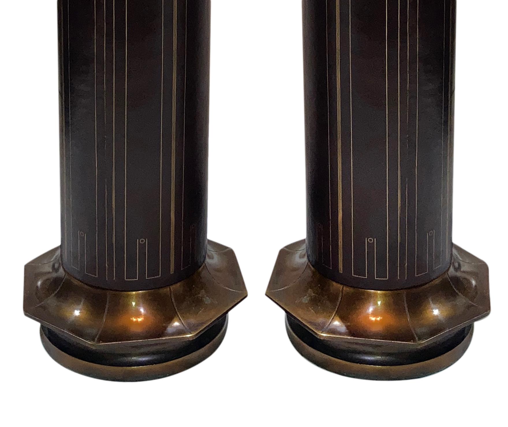 Pair of Bronze and Leather Table Lamps In Good Condition For Sale In New York, NY