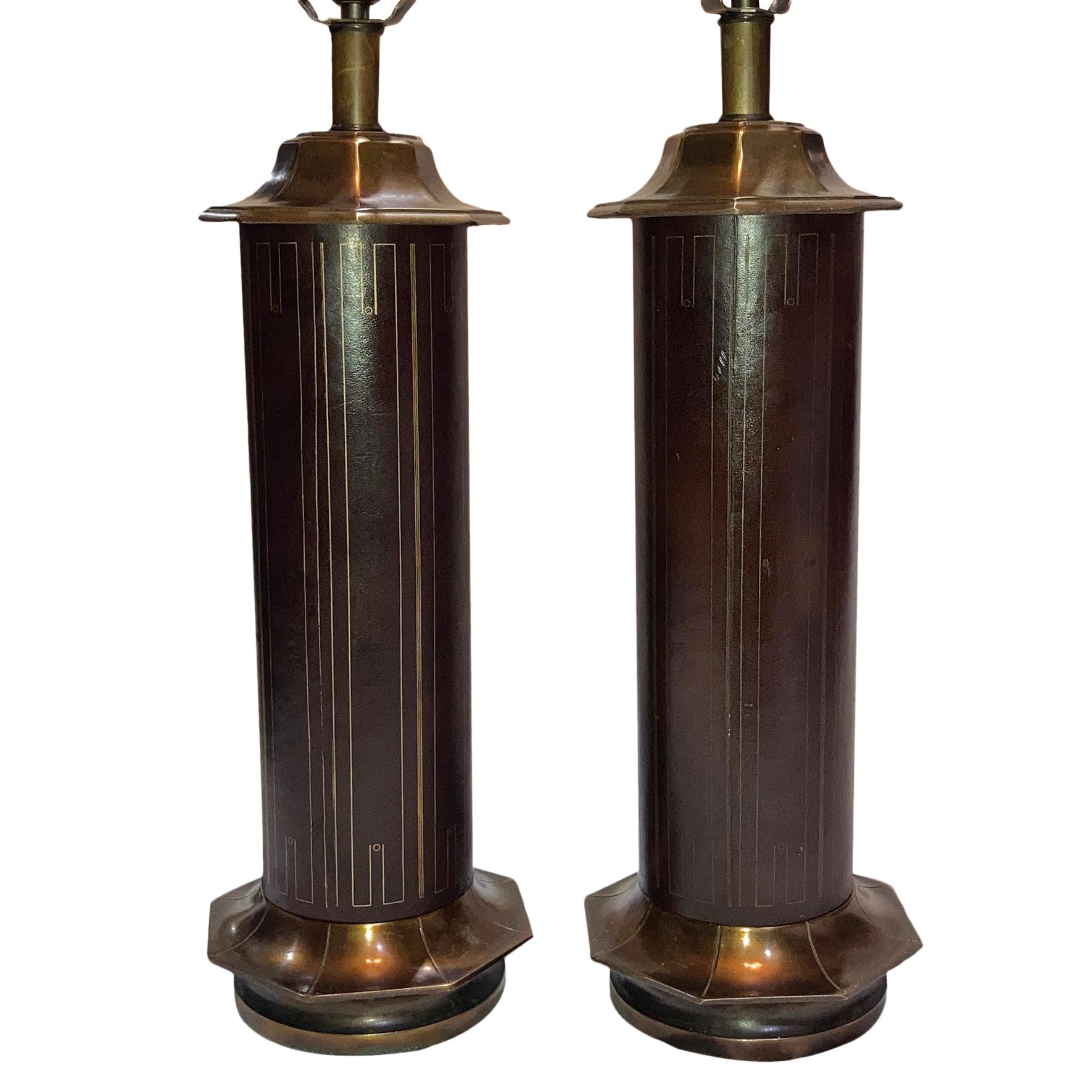 Mid-20th Century Pair of Bronze and Leather Table Lamps For Sale
