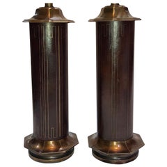 Vintage Pair of Bronze and Leather Table Lamps