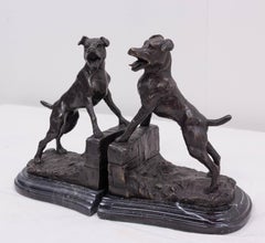 Pair of Bronze and Marble Bookends Barking Dogs from E Drouot, France c. 1890