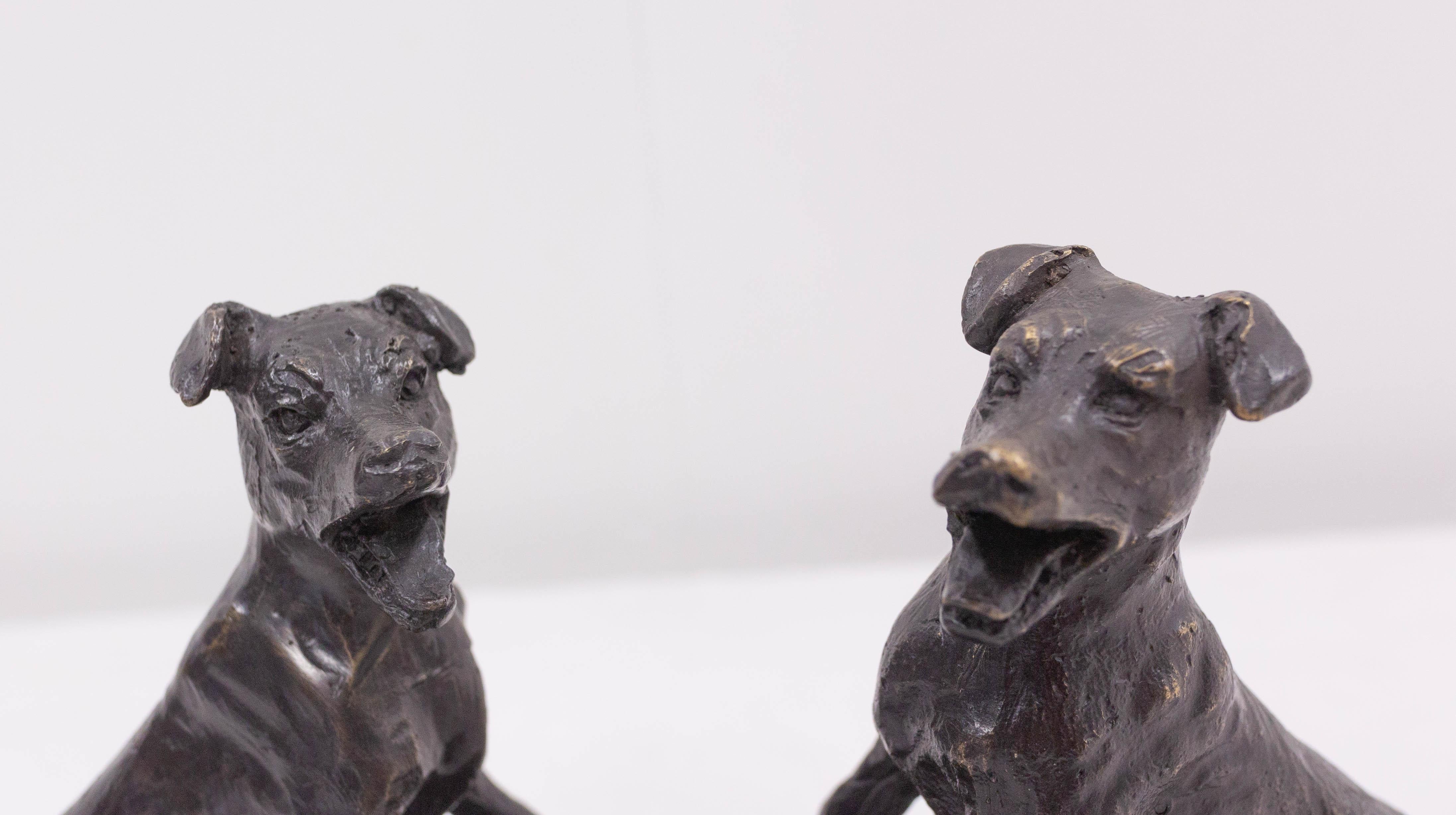 Late 19th Century Pair of Bronze and Marble Bookends Barking Dogs from E Drouot, France c. 1890 For Sale