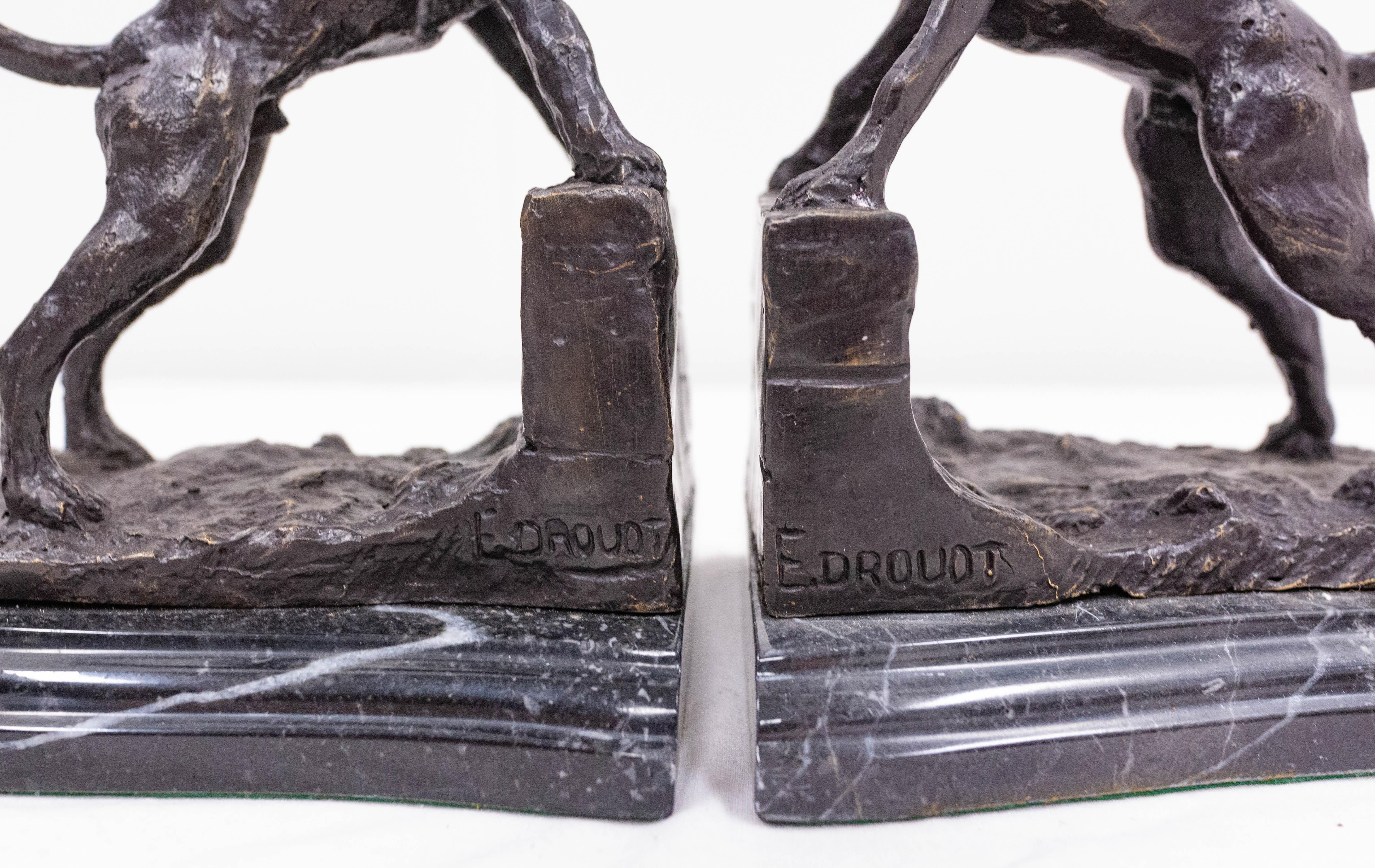 Pair of Bronze and Marble Bookends Barking Dogs from E Drouot, France c. 1890 For Sale 1